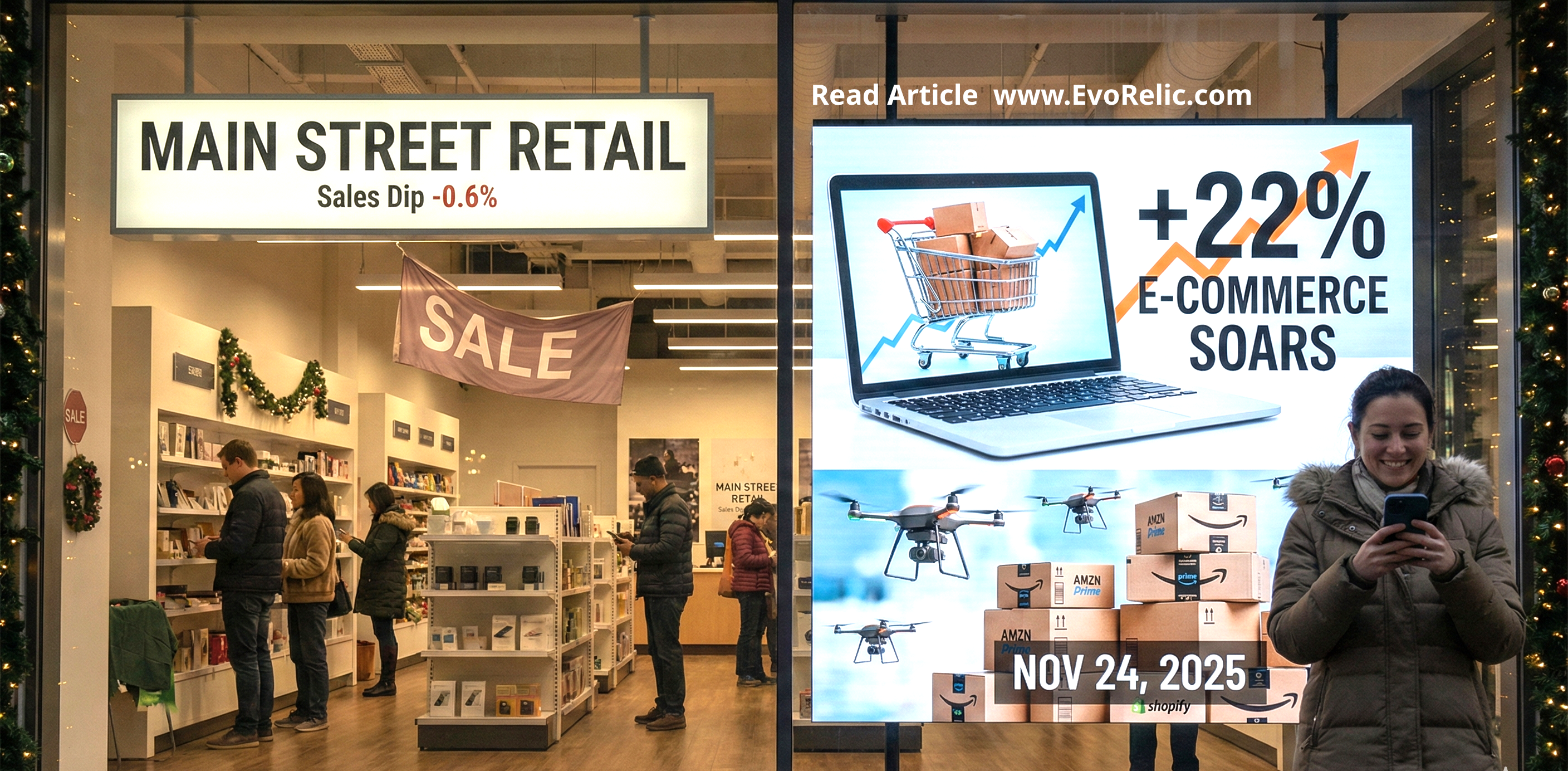 U.S. Retail Divergence: Sales Dip -0.6% as E-Commerce Soars 22% in Pre-Holiday Shift