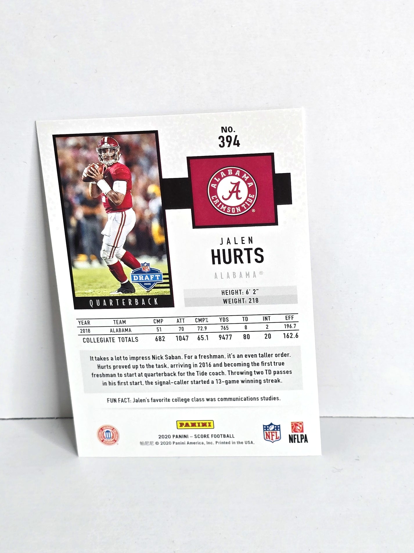 Jalen Hurts Rookie NFL Football Card 2020 Panini Score No. 394