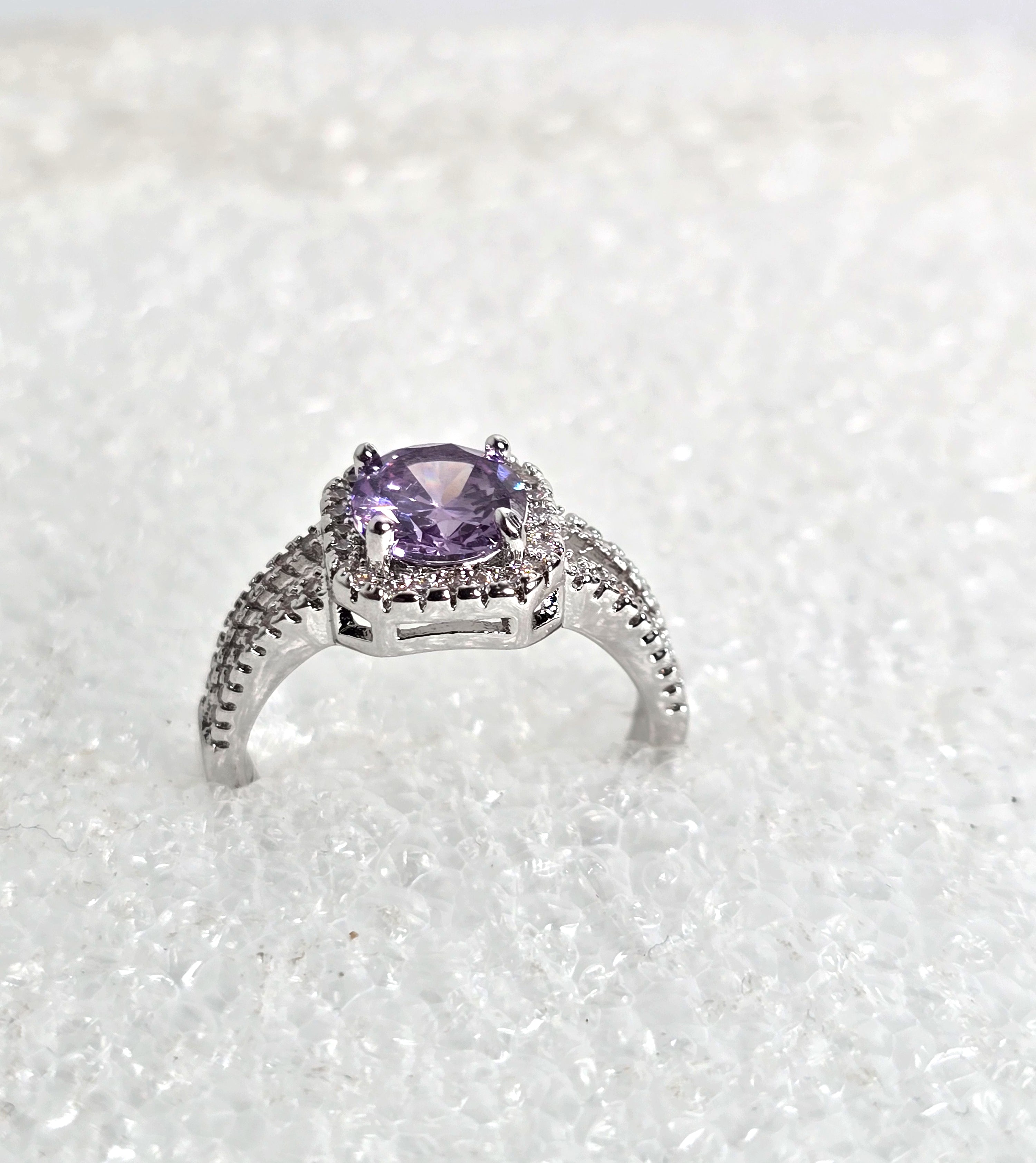 Purple Amethyst Gemstone with Diamond Clusters Sterling Silver Ring