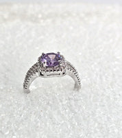 Purple Amethyst Gemstone with Diamond Clusters Sterling Silver Ring