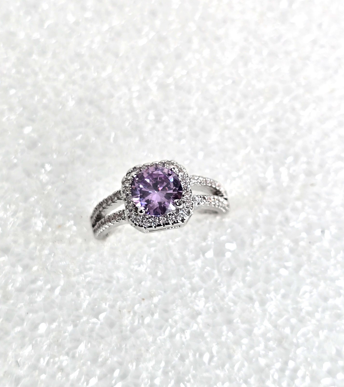 Sterling Silver Ring Purple Amethyst Gemstone with Diamond Clusters