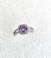 Purple Amethyst Gemstone with Diamond Clusters Sterling Silver Ring