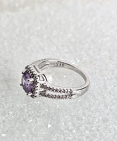 Purple Amethyst Gemstone with Diamond Clusters Sterling Silver Ring