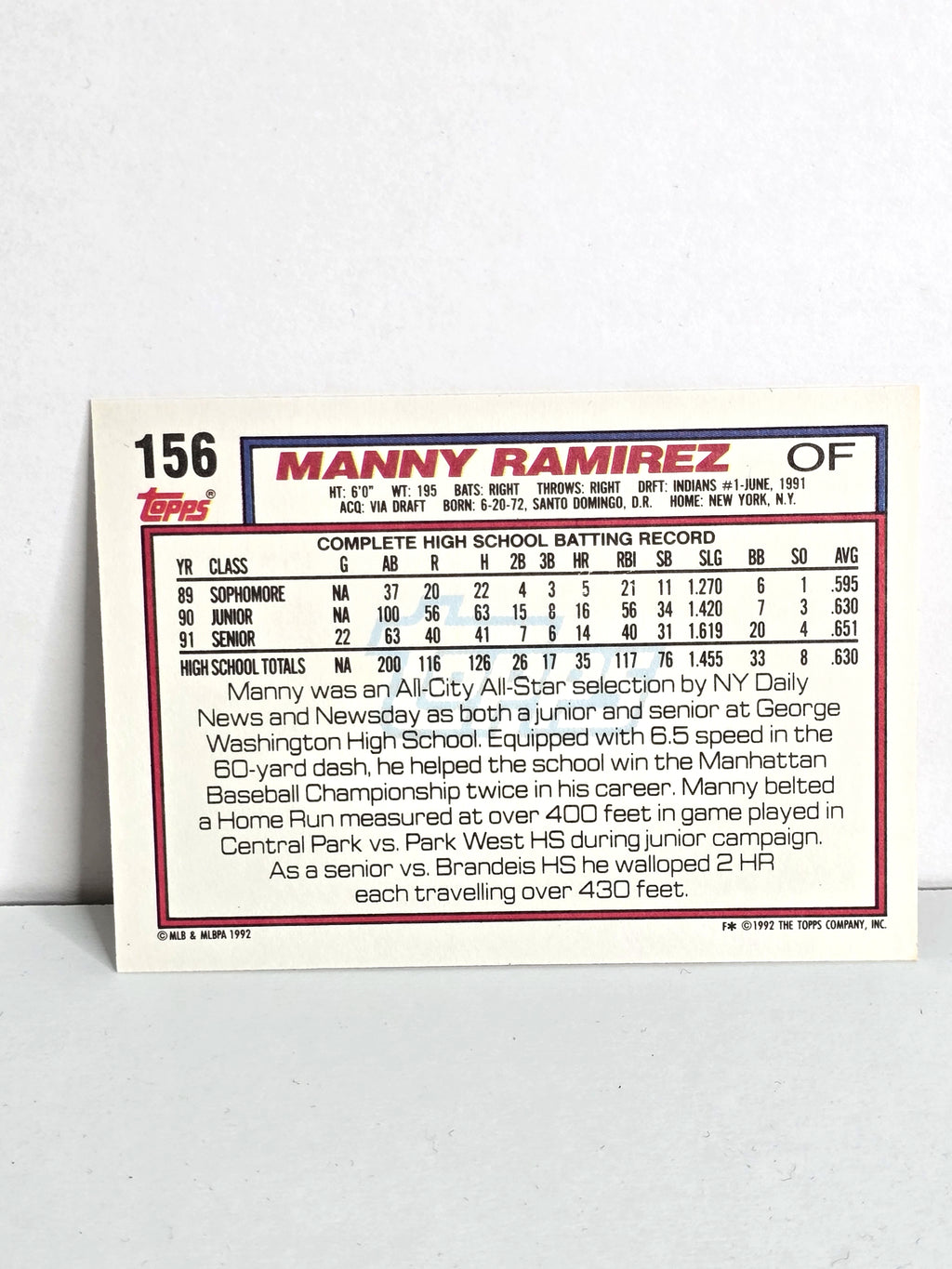 Manny Ramirez Rookie Baseball Card 1992 Topps No. 156
