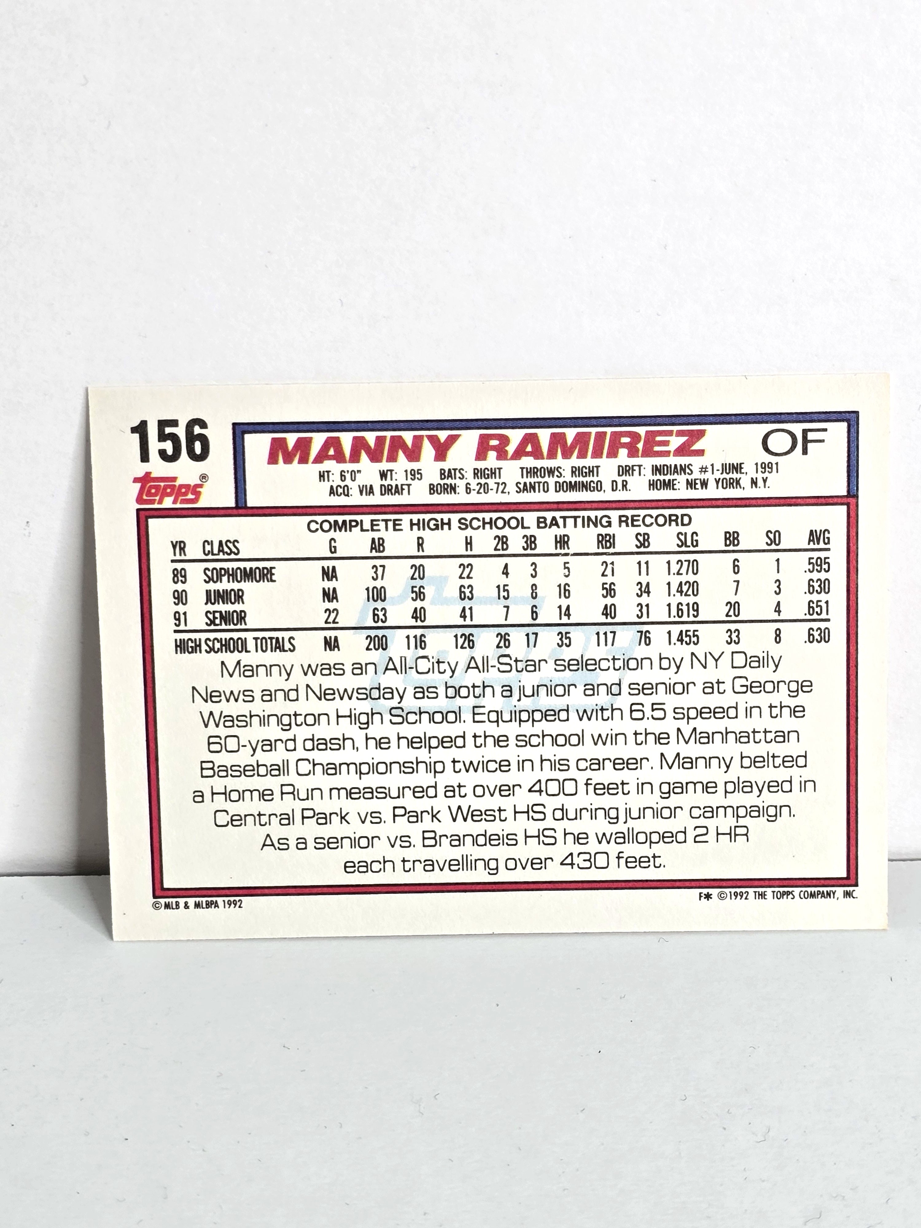 Manny Ramirez Rookie Baseball Card 1992 Topps No. 156