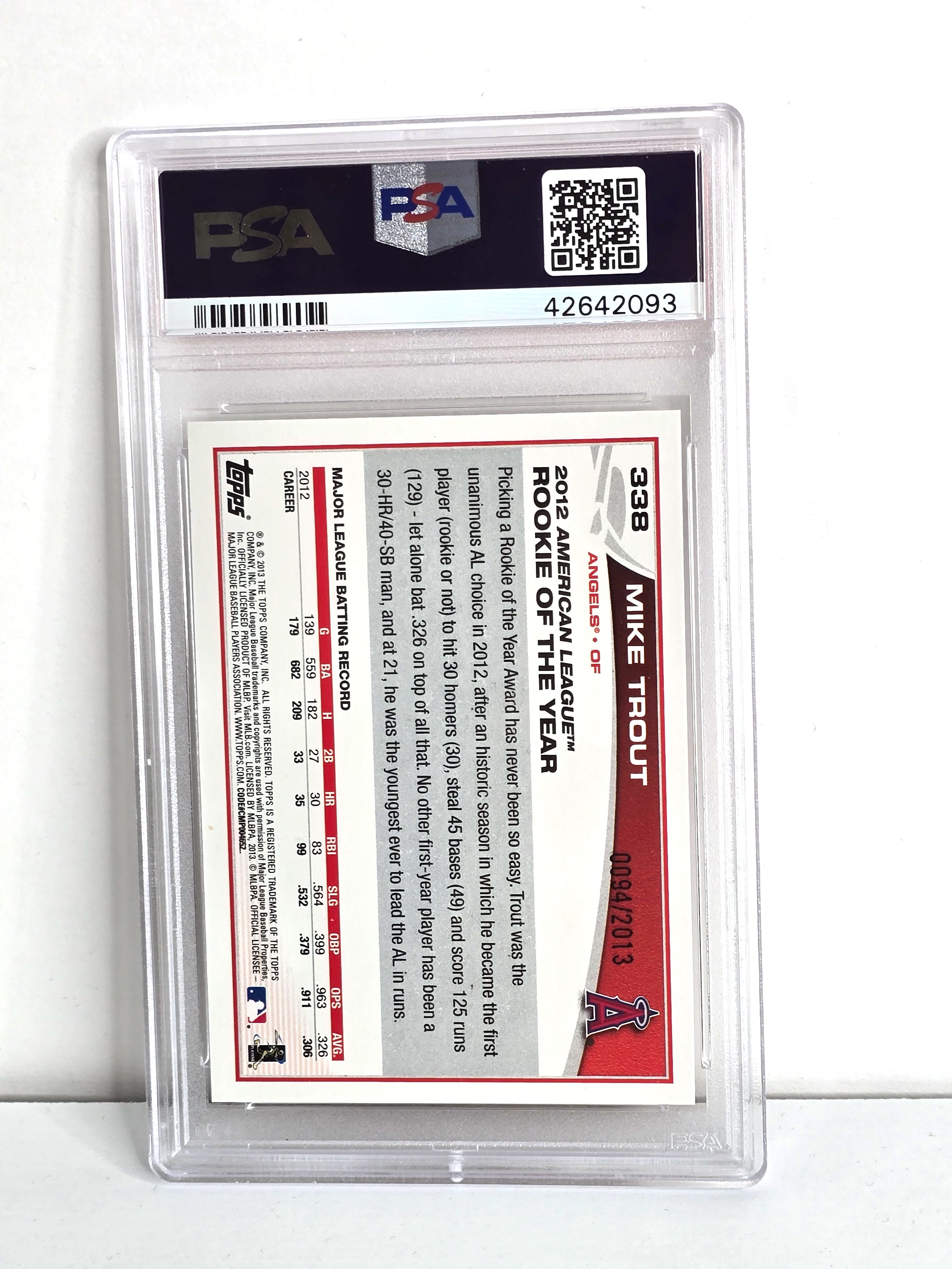 Mike Trout Baseball Card 2013 Topps No. 338 PSA Mint