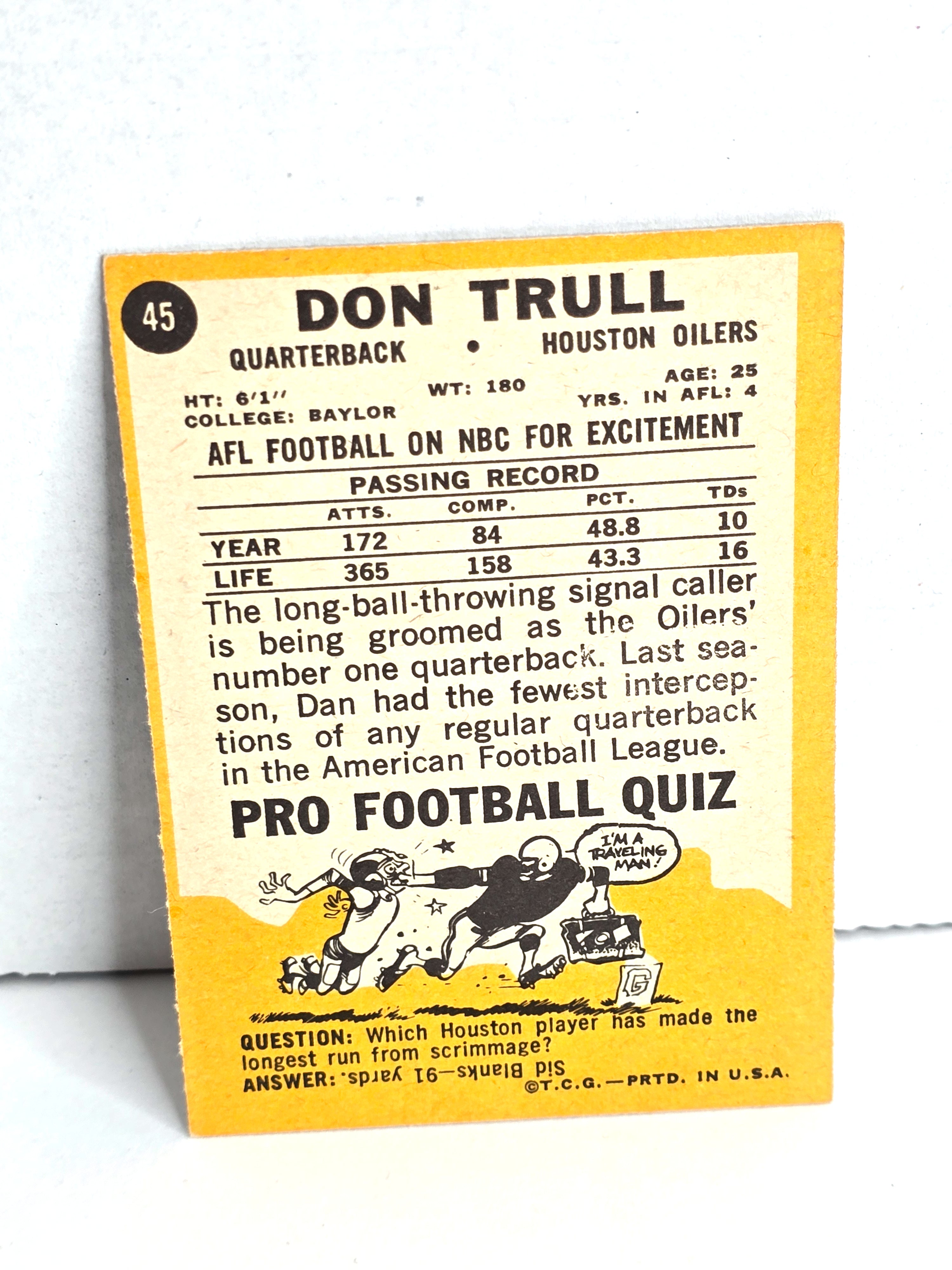1967 Don Trull Houston Oilers Football Card Topps No. 45