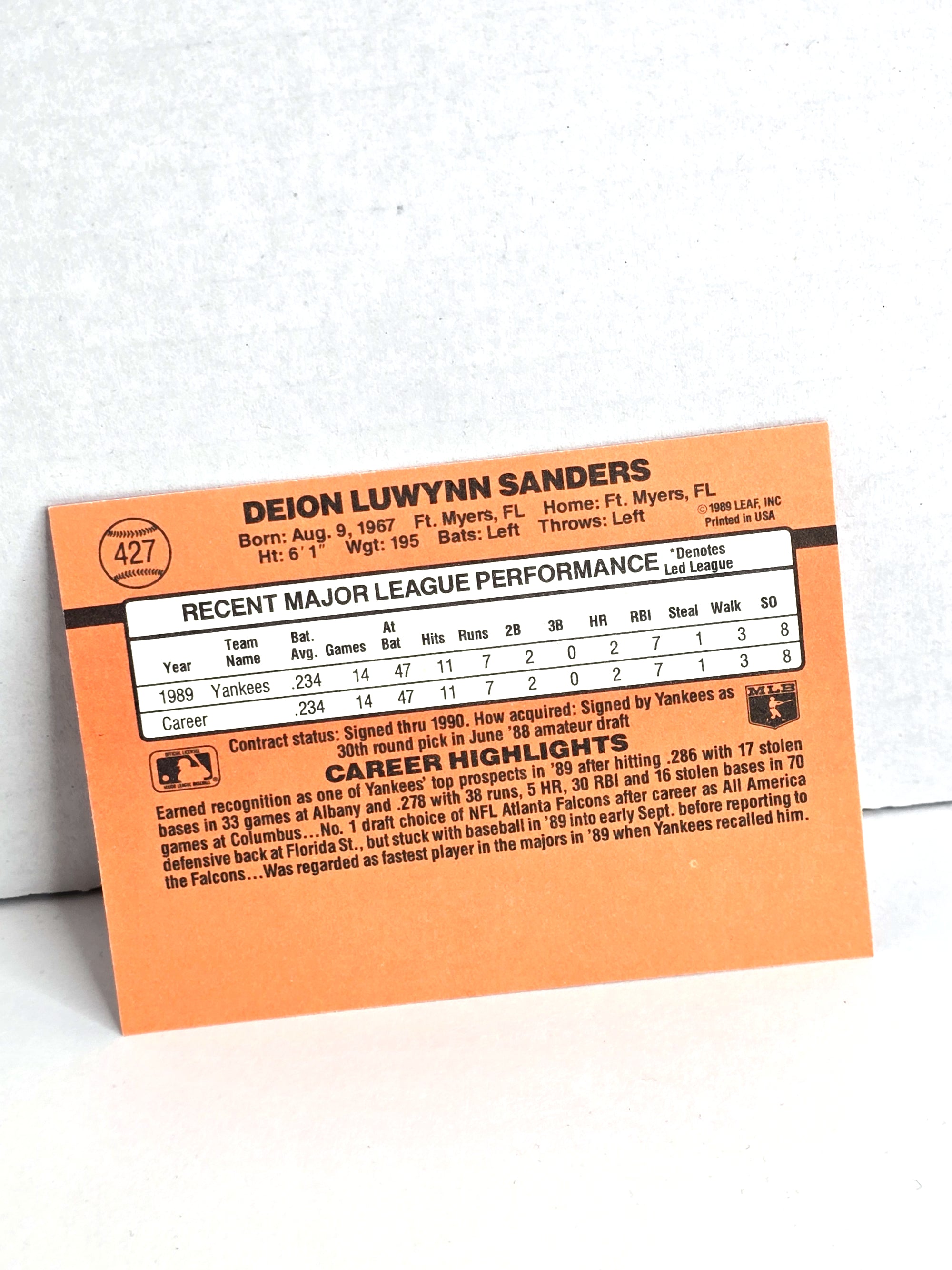 Deion Sanders Yankees Baseball Card 1989 Leaf No. 427