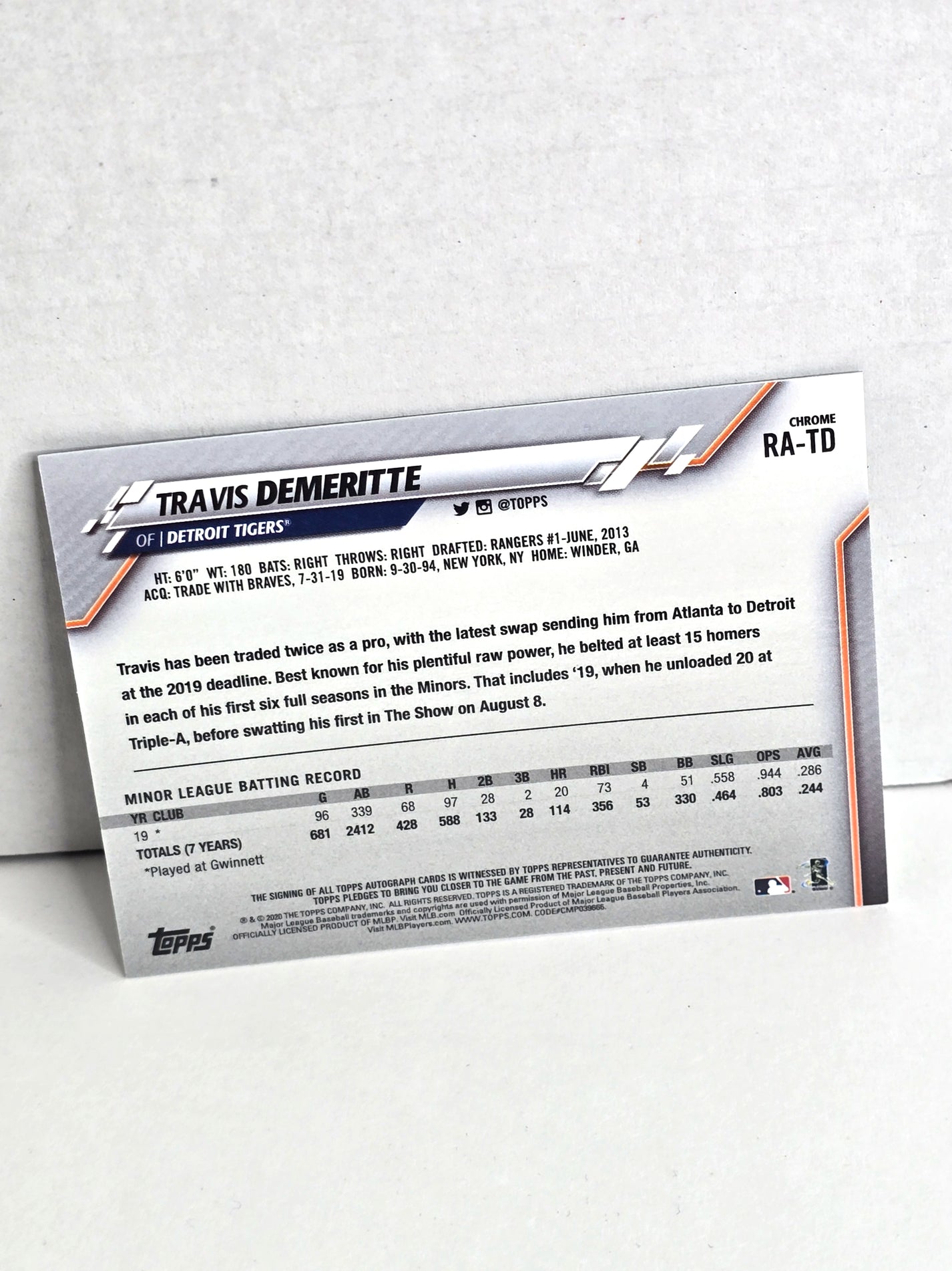 Travis Demeritte Signed Tigers Rookie Baseball Card 2020 Topps No. RA-TD