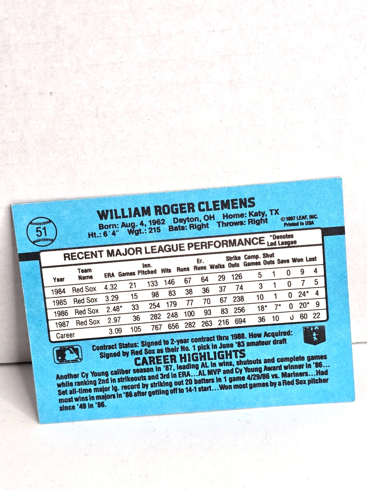 Roger Clemens Baseball Card 1987 Leaf No. 51