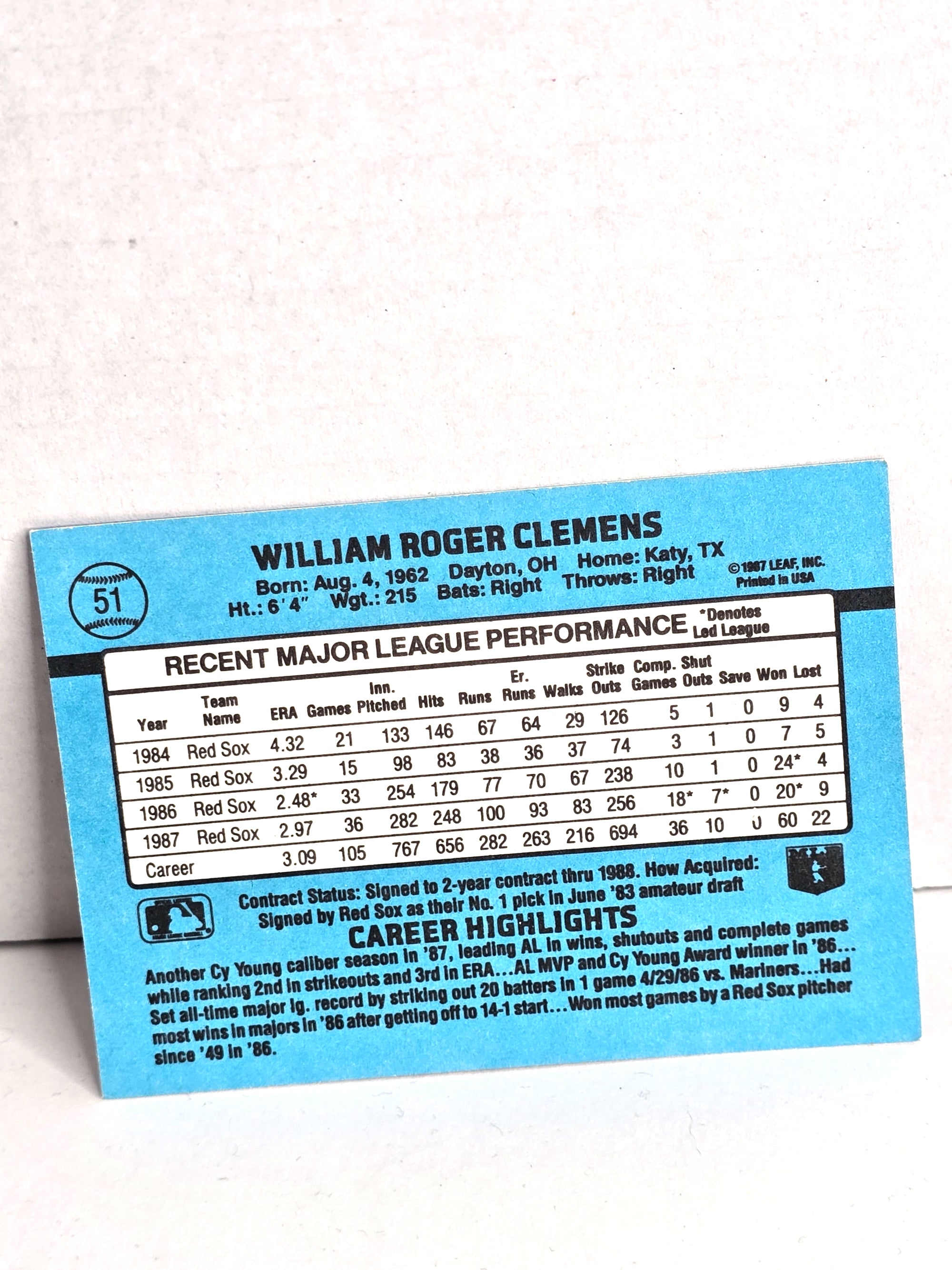 Roger Clemens Baseball Card 1987 Leaf No. 51