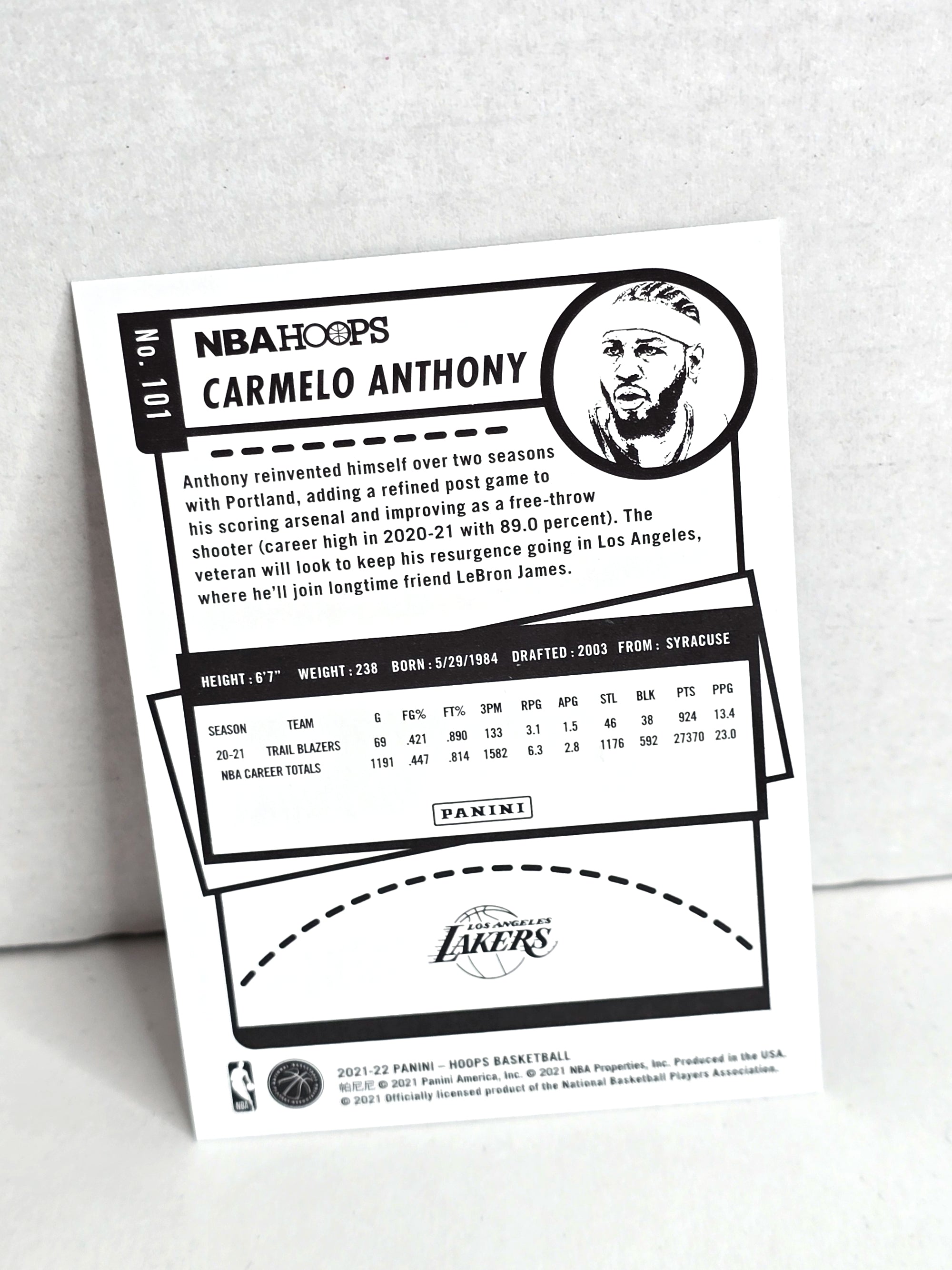 Carmelo Anthony Basketball Card 2021 Panini Hoops No. 101