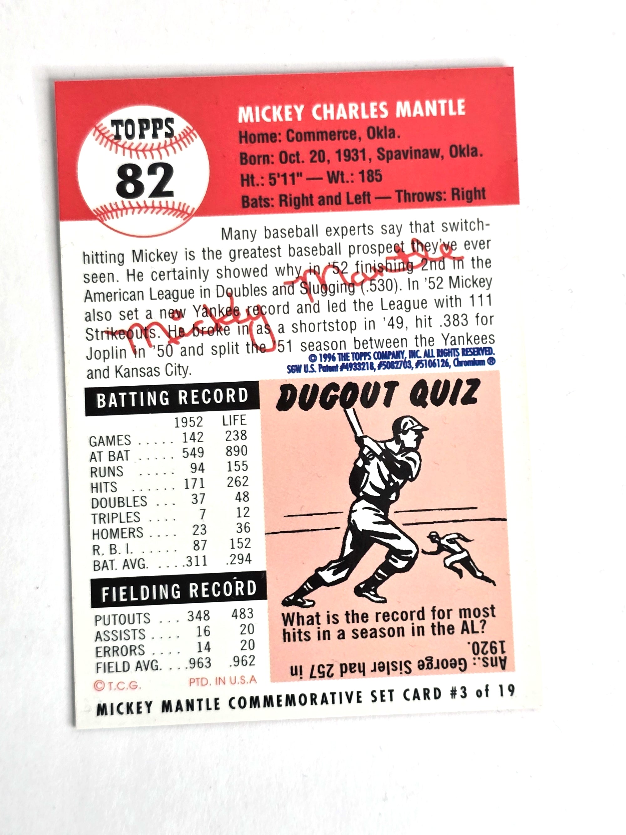 Mickey Mantle Baseball Card 1996 Topps No. 82 Commemorative with Protector Peel