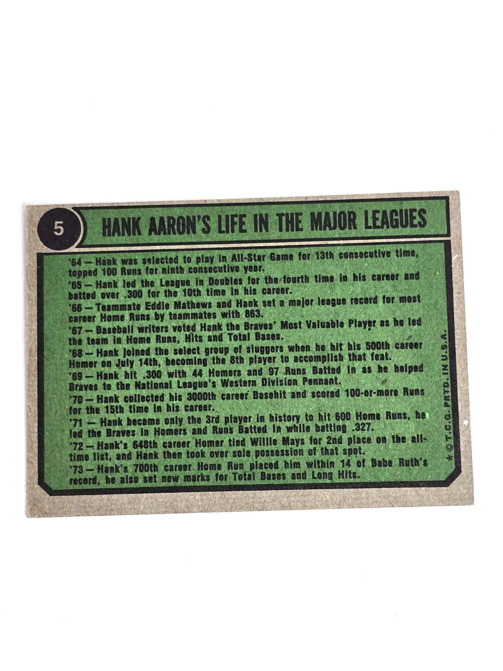 Hank Aaron Braves Baseball Card 1974 Topps No. 5