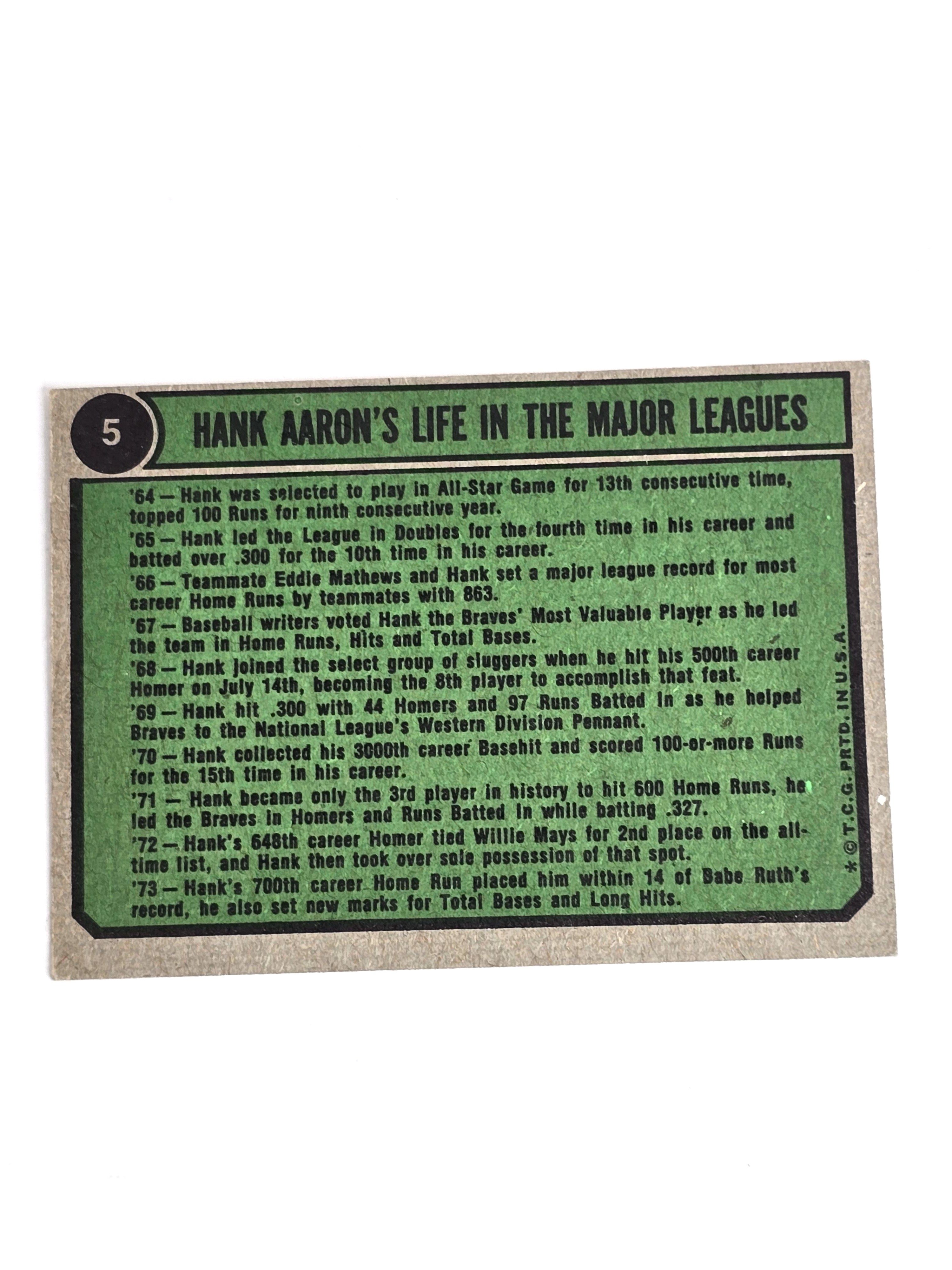Hank Aaron Braves Baseball Card 1974 Topps No. 5