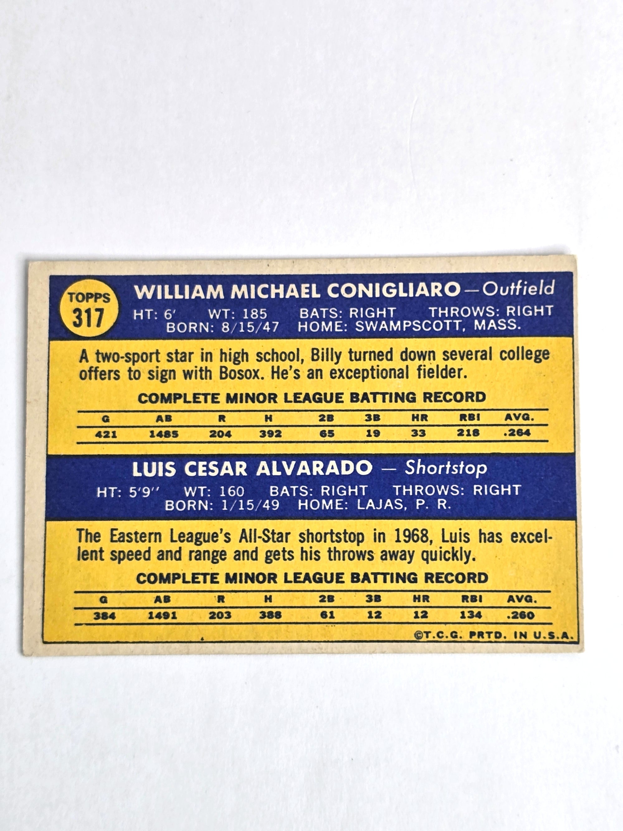 1970 Red Sox Rookie Baseball Stars Conigliaro Alvarado Topps No. 317