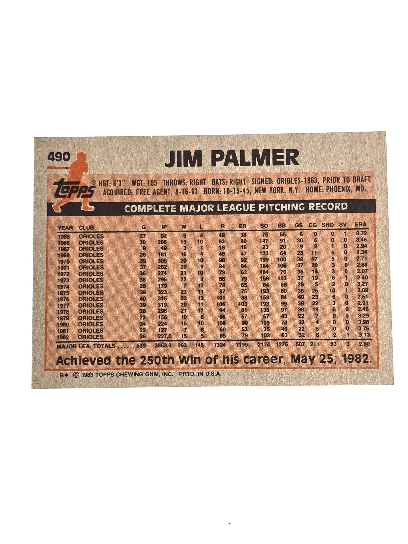 Jim Palmer Baseball Card 1983 Topps No. 490