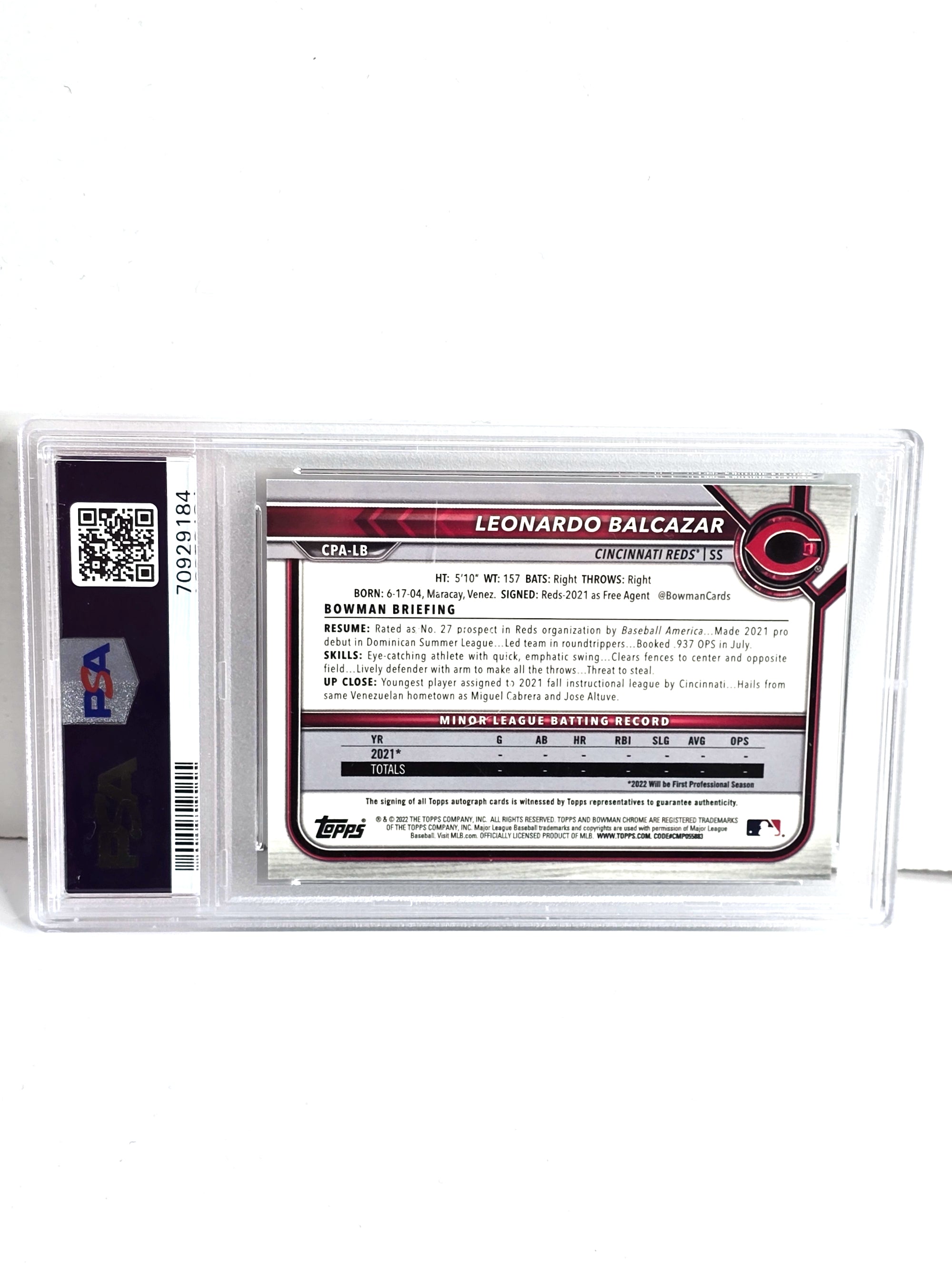 Leonardo Balcazar Autograph Baseball Card 2022 Topps Bowman Chrome Green Refractor No. CPA-LB Graded PSA Mint