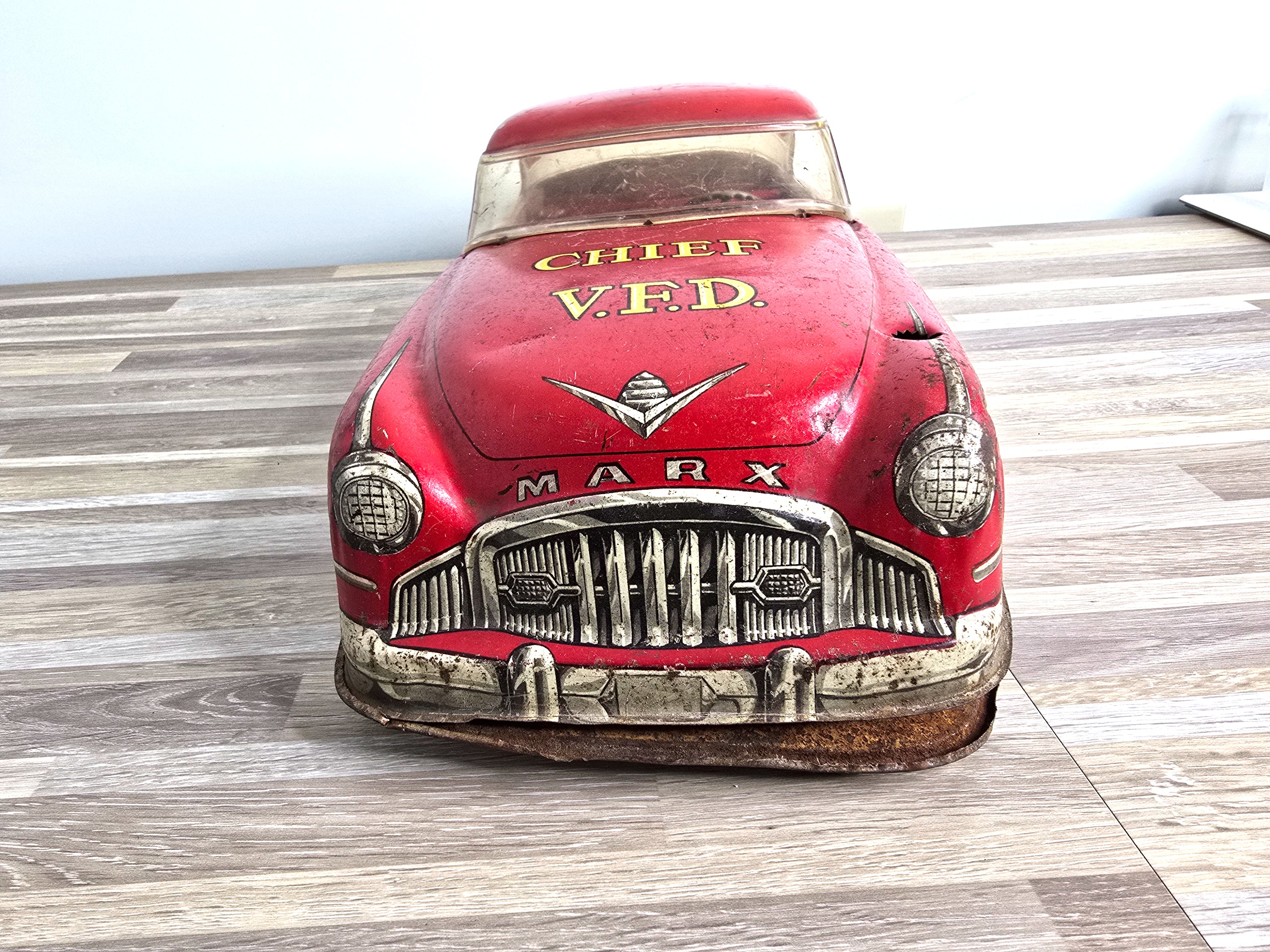 1950s Marx Tin Toy Fire Chief 18" Vintage Collectible