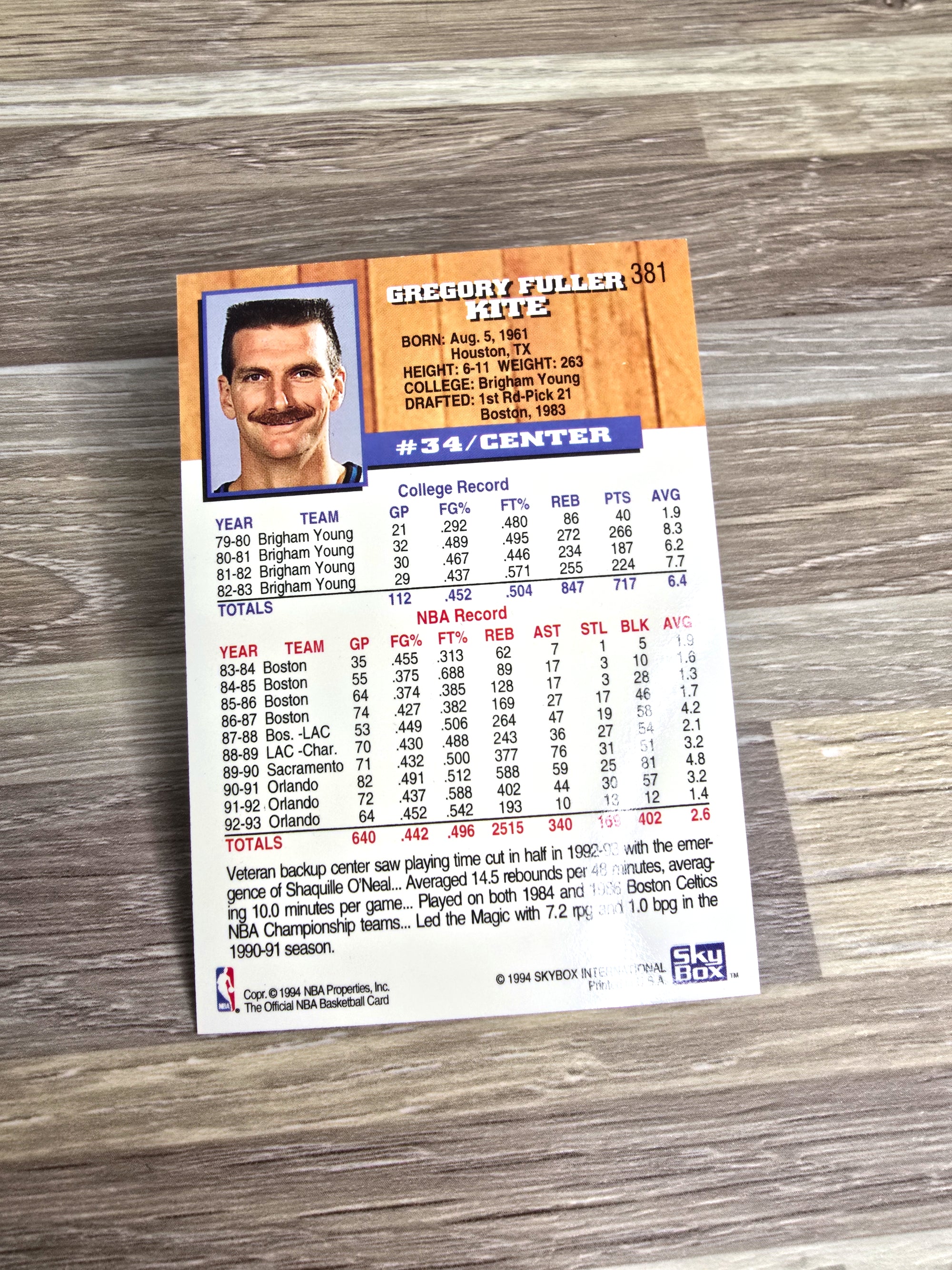 1994 Skybox Greg Kite Basketball Orlando Magic No 381