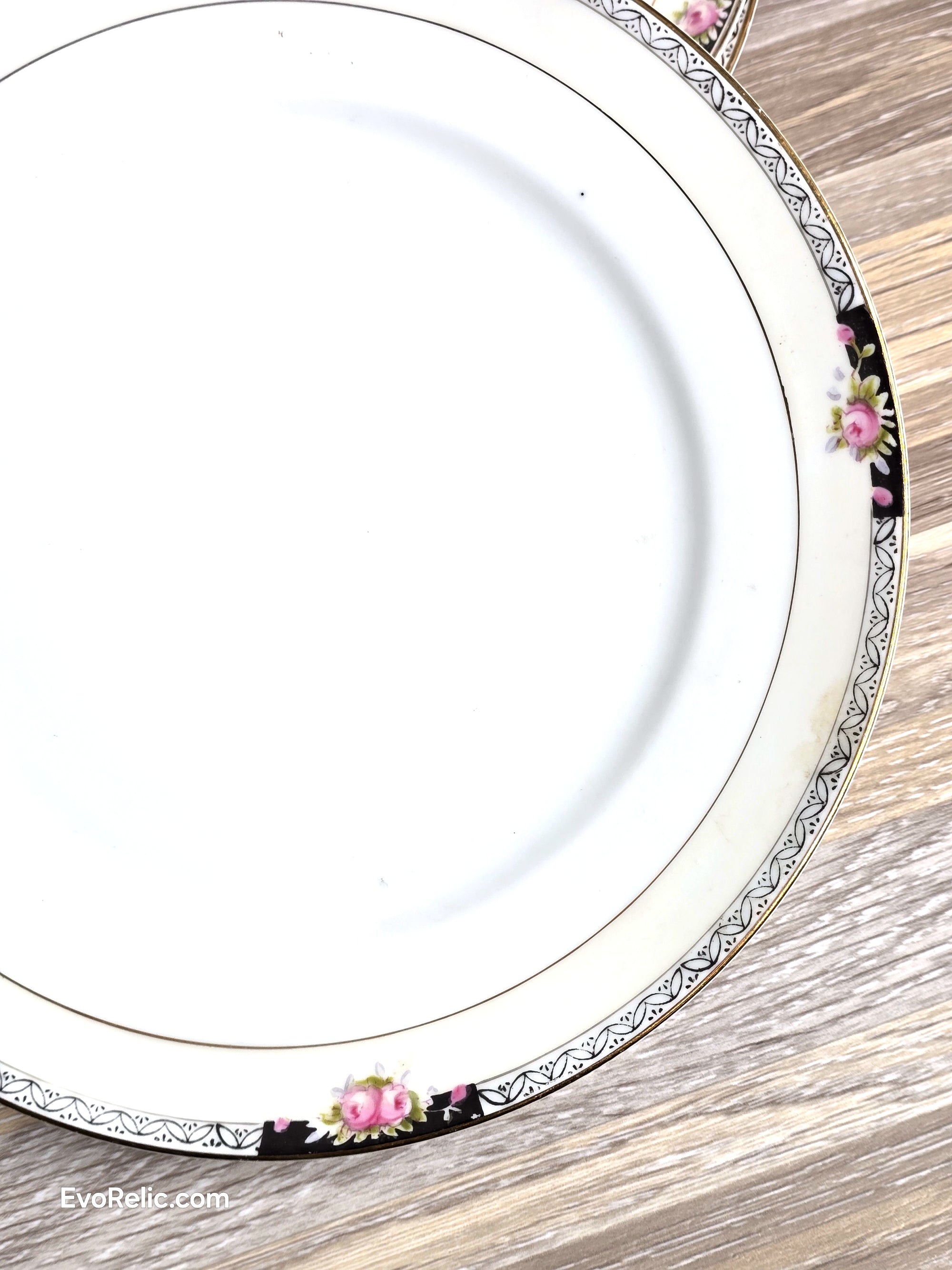 Elegant Vintage Noritake Dessert Set (3) Hand Painted China with Black & Pink Roses and Gold Trim Art Deco Side Plates