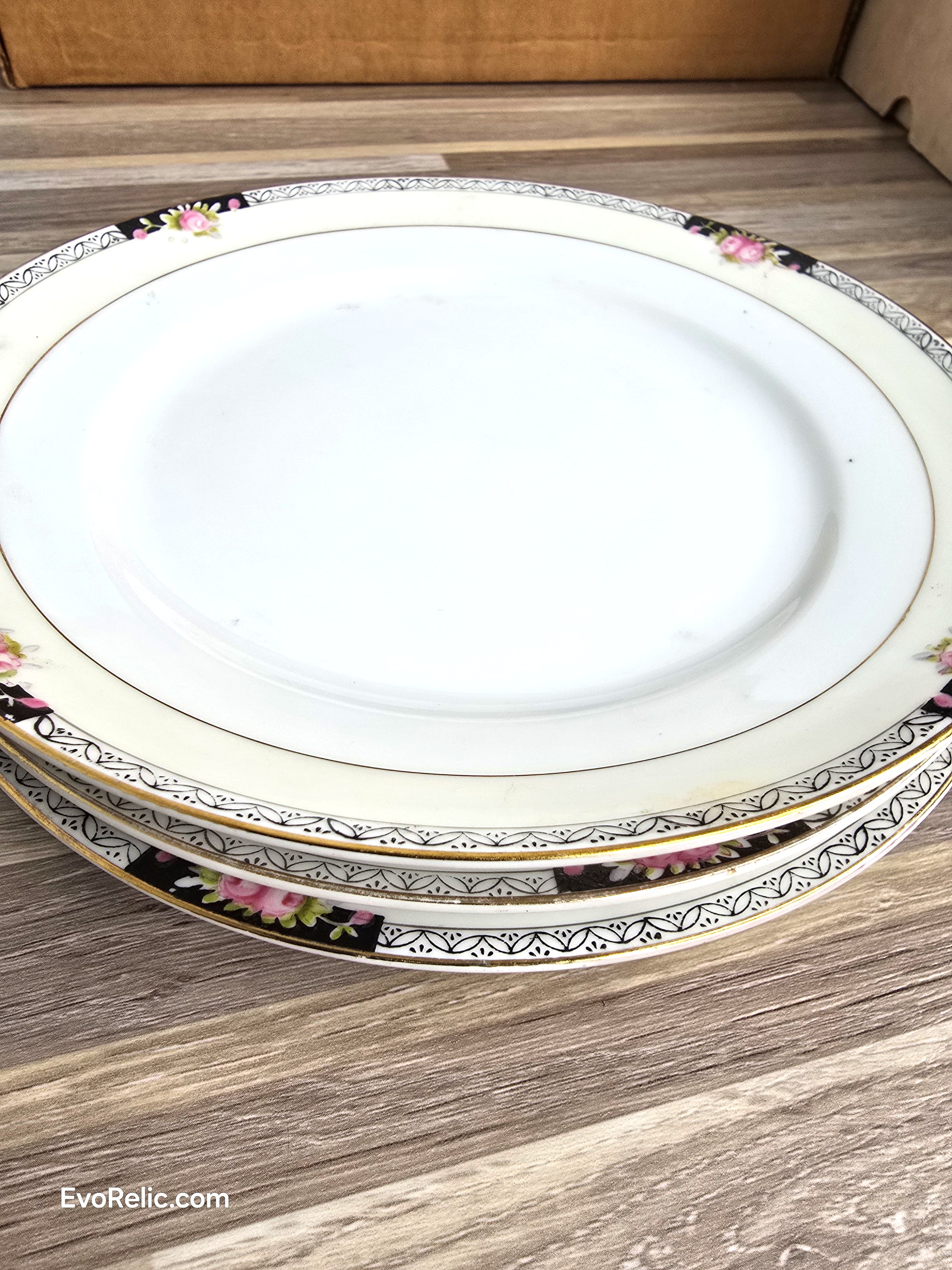 Elegant Vintage Noritake Dessert Set (3) Hand Painted China with Black & Pink Roses and Gold Trim Art Deco Side Plates