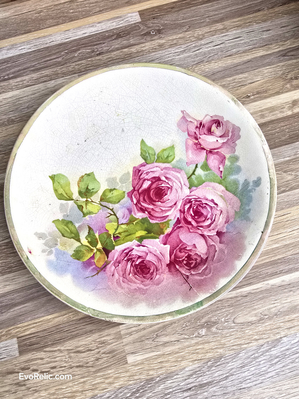 Edwardian Pink Rose Plate Grocer FRANK S. PEIRCE Advertising Vintage Earthenware c. 1900