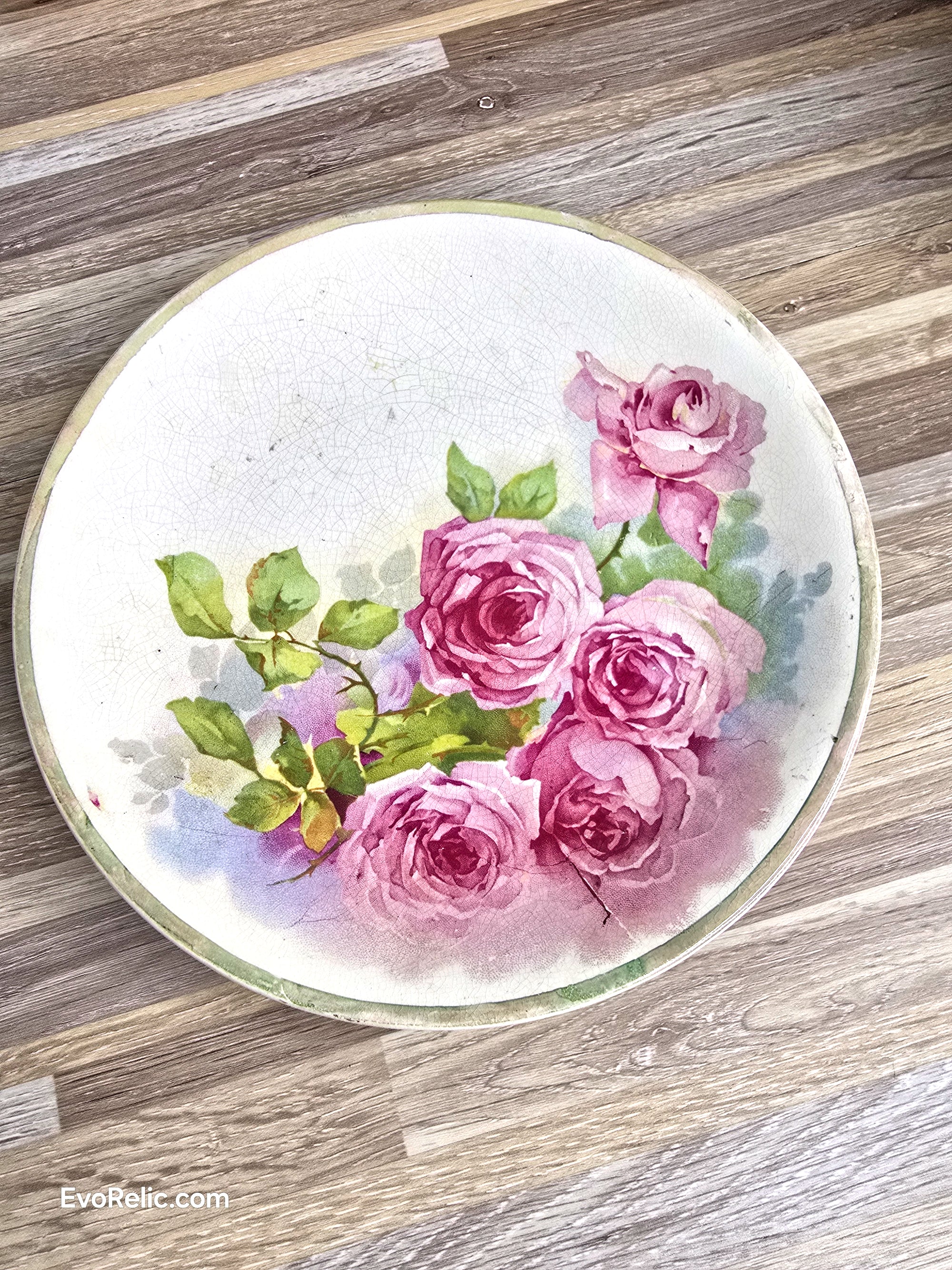 Edwardian Pink Rose Plate Grocer FRANK S. PEIRCE Advertising Vintage Earthenware c. 1900
