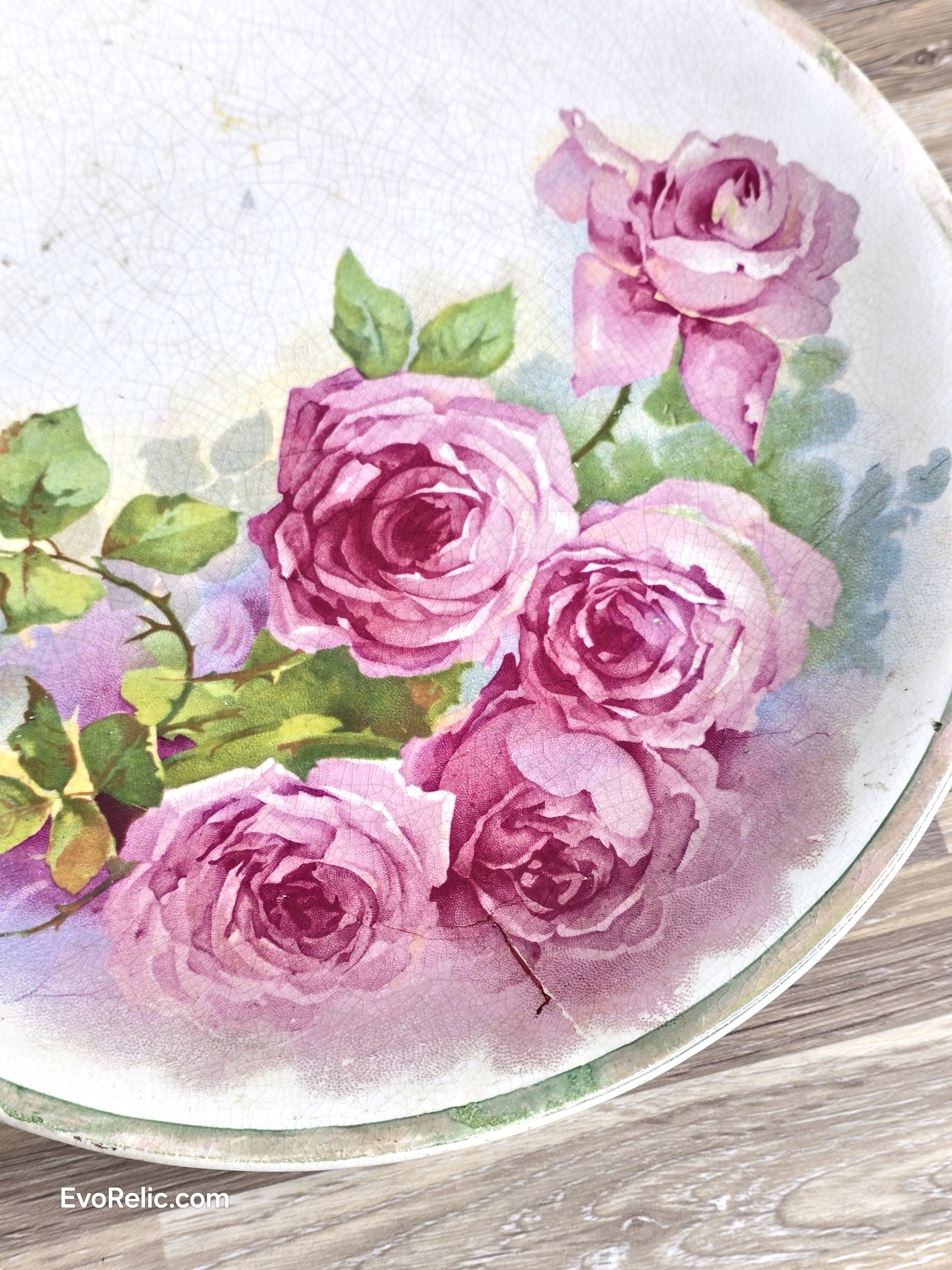 Edwardian Pink Rose Plate Grocer FRANK S. PEIRCE Advertising Vintage Earthenware c. 1900