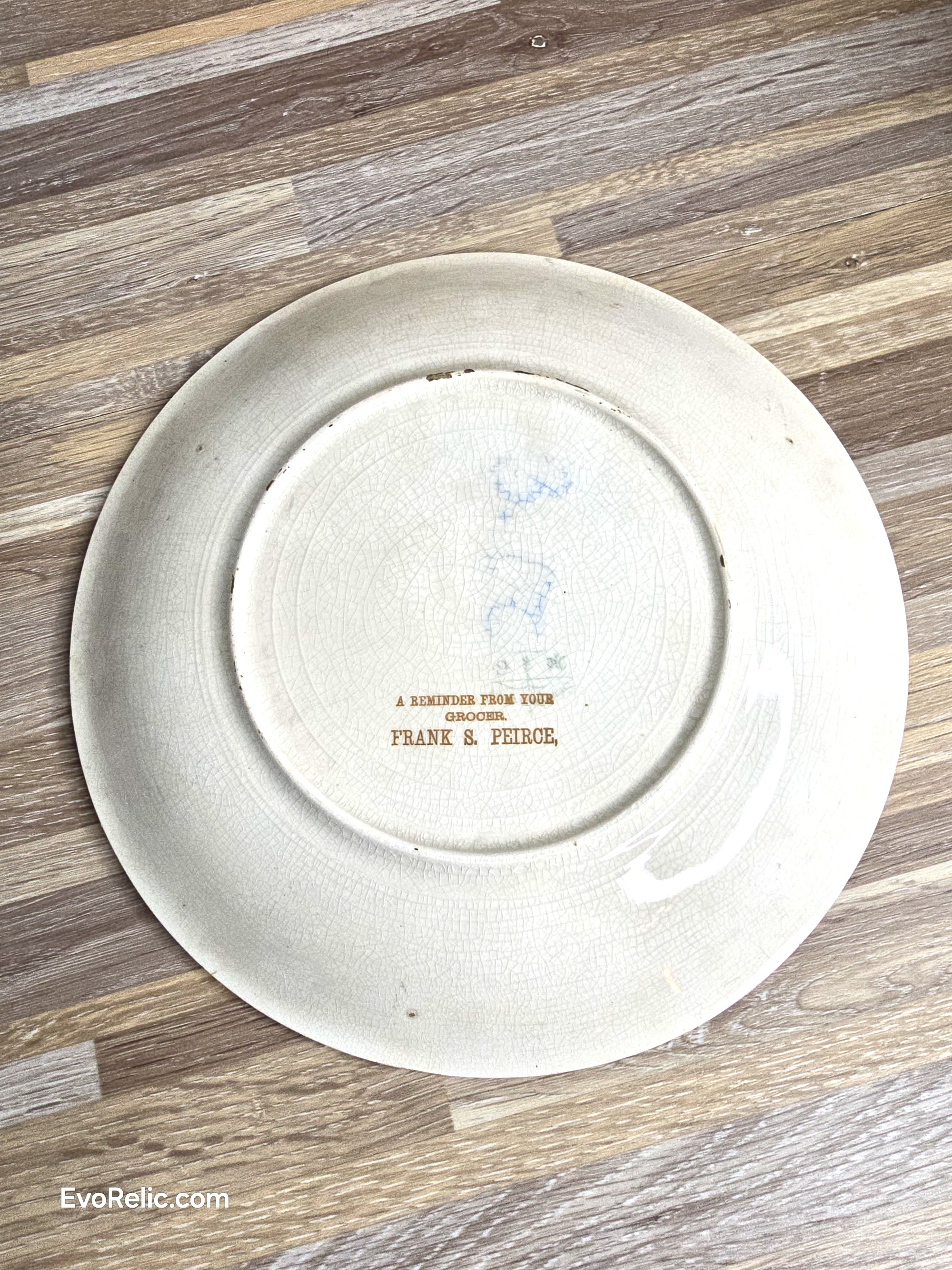 Edwardian Pink Rose Plate Grocer FRANK S. PEIRCE Advertising Vintage Earthenware c. 1900