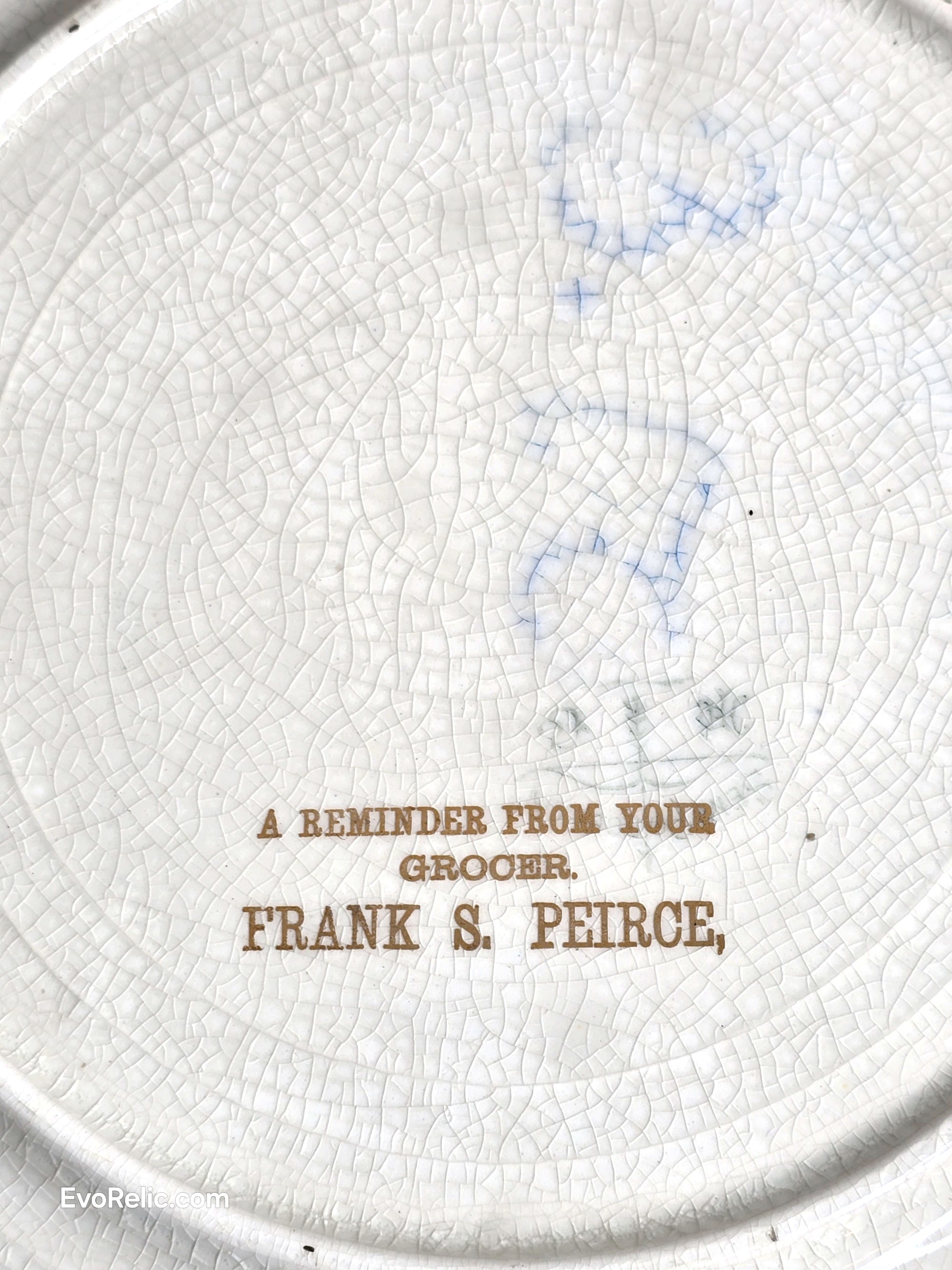 Edwardian Pink Rose Plate Grocer FRANK S. PEIRCE Advertising Vintage Earthenware c. 1900