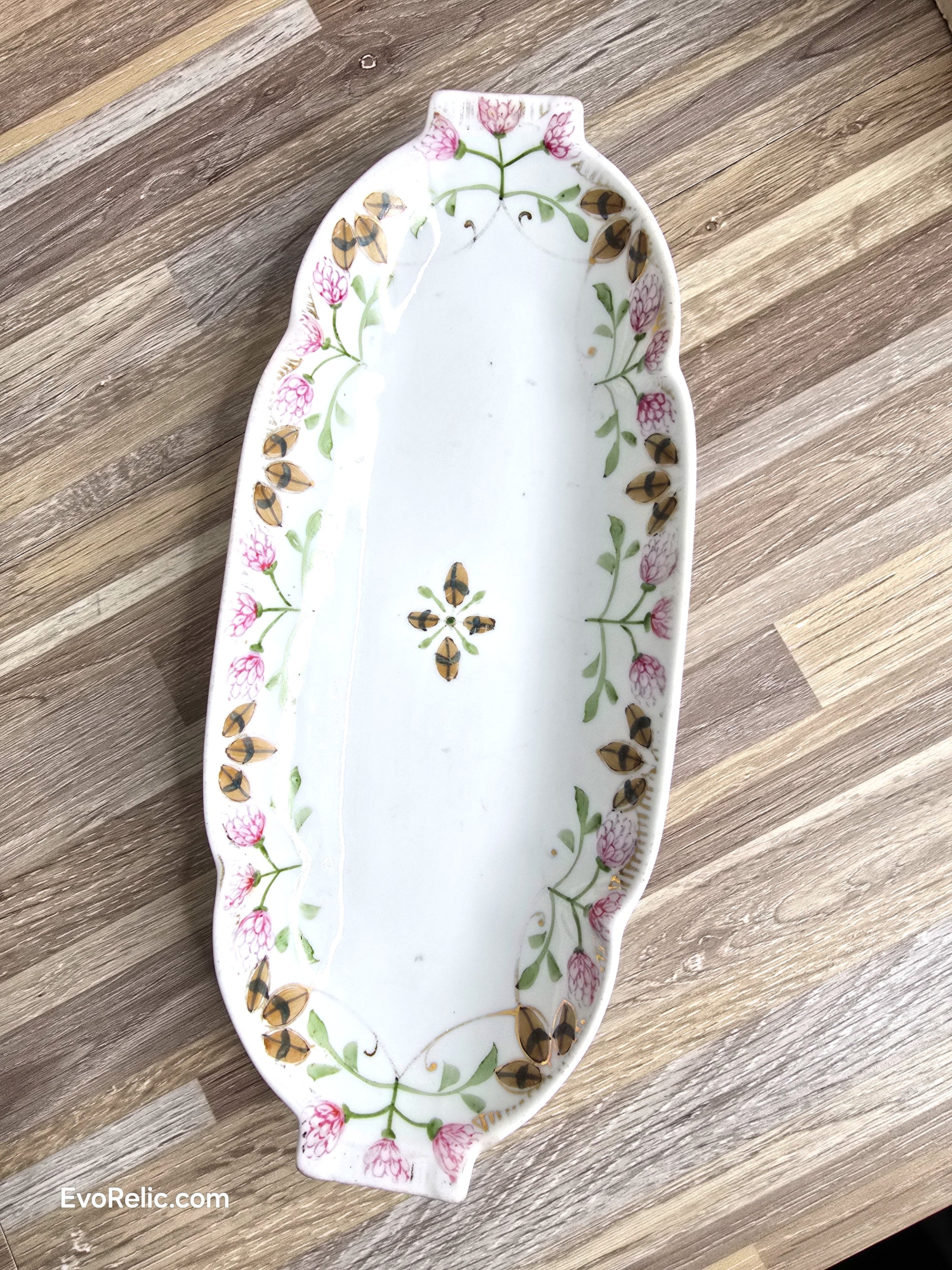 Rare Antique NIPPON Fan Mark Hand Painted Dish Pink Floral Gold Accents 19th Century Japanese Export Porcelain