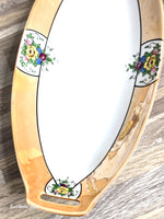 Gorgeous Peach Luster Noritake Art Deco Tray Handled Serving Dish with Floral Cartouches 1920s Porcelain