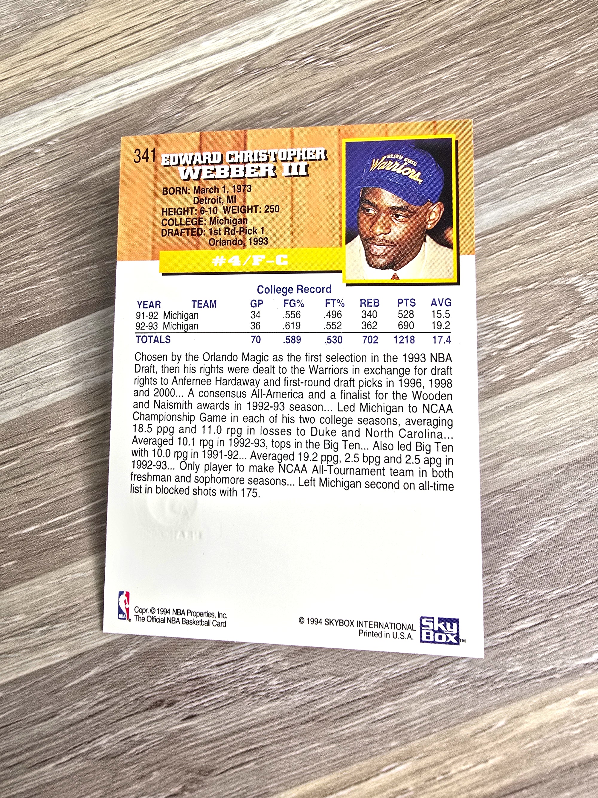 Basketball Card Chris Webber Warriors 1994 Skybox No. 341