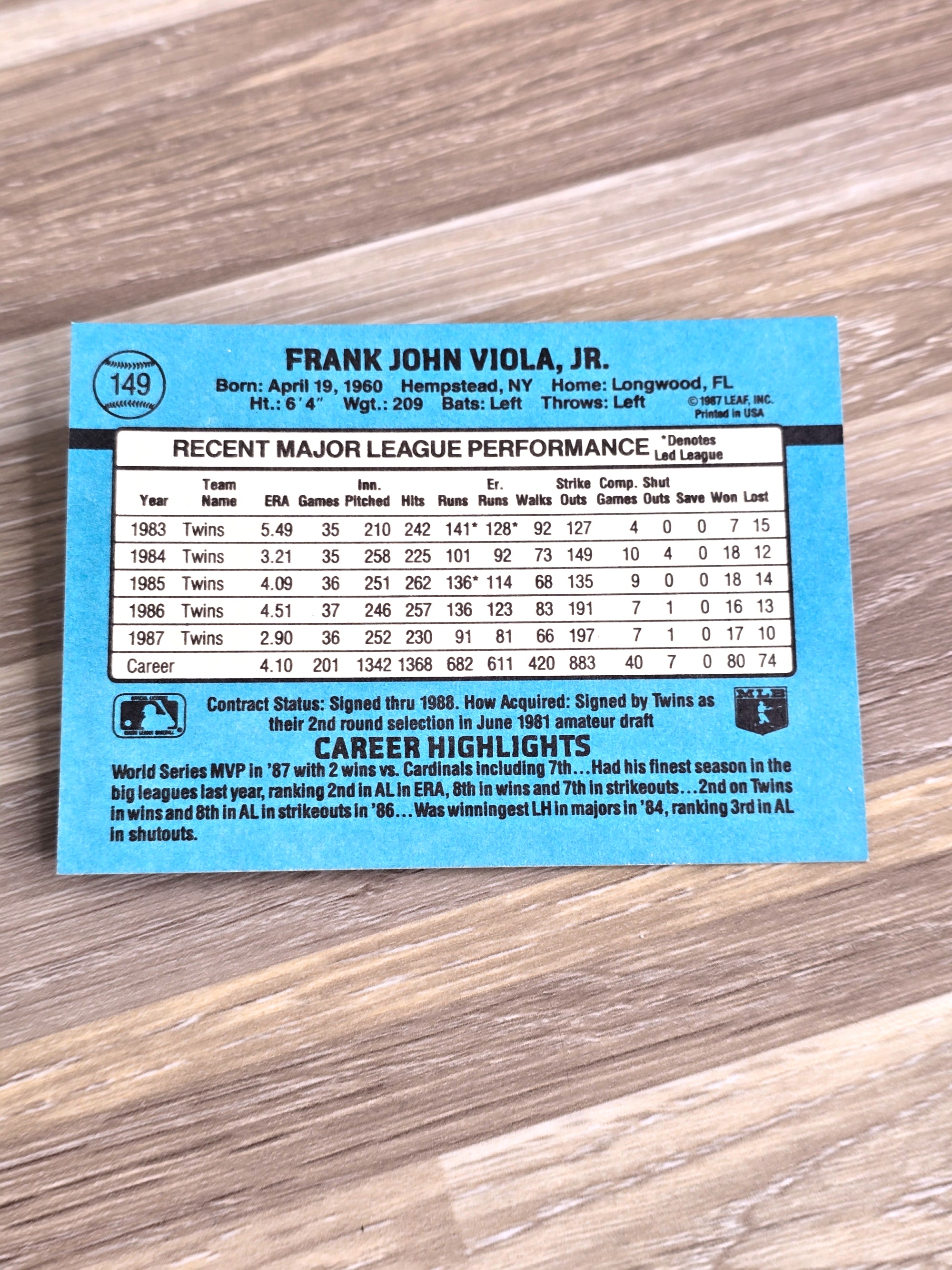 Frank Viola Baseball Card 1987 Leaf No. 149