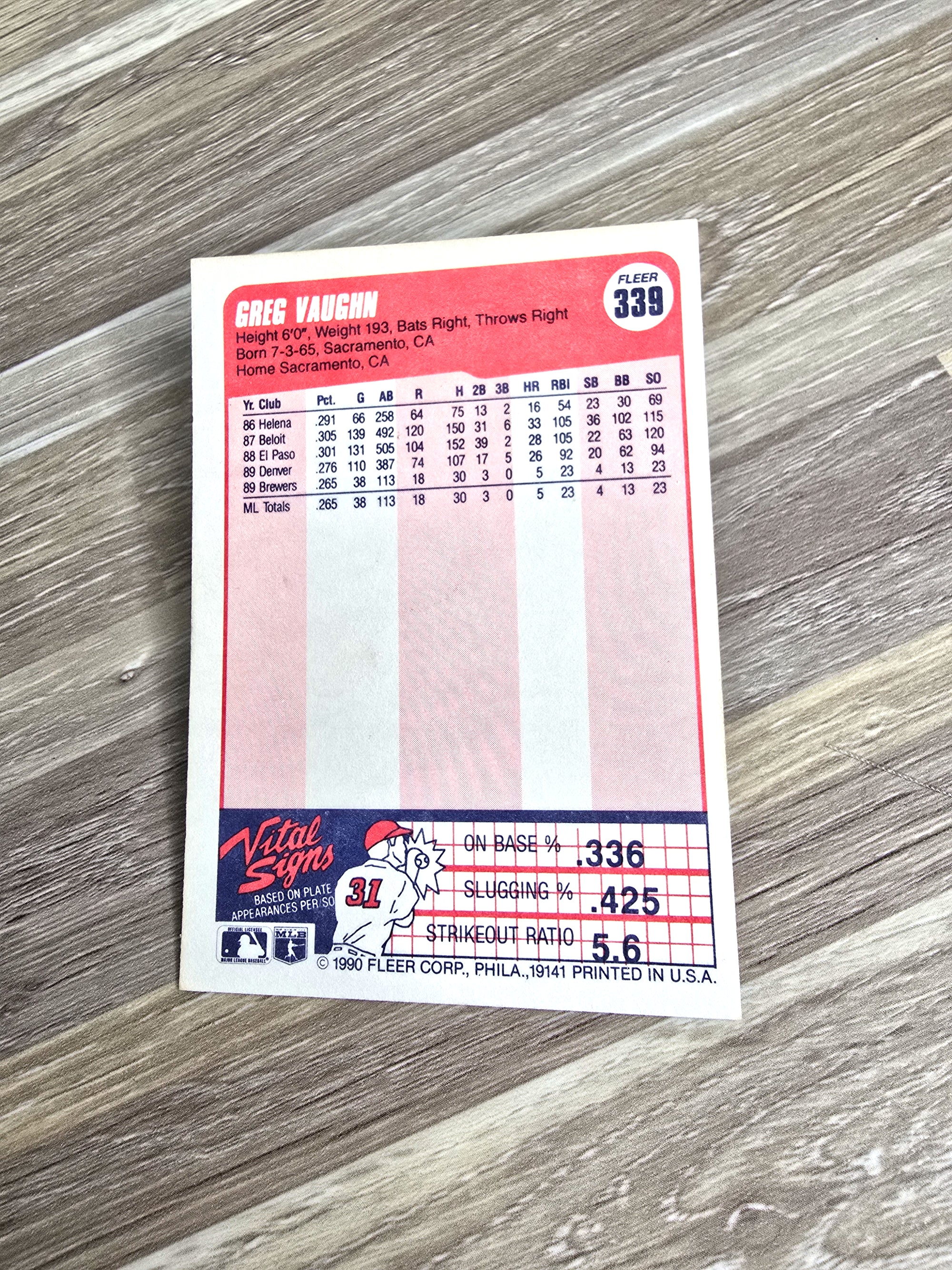 Fleer Baseball Card Greg Vaughn 1990 Brewers No. 339