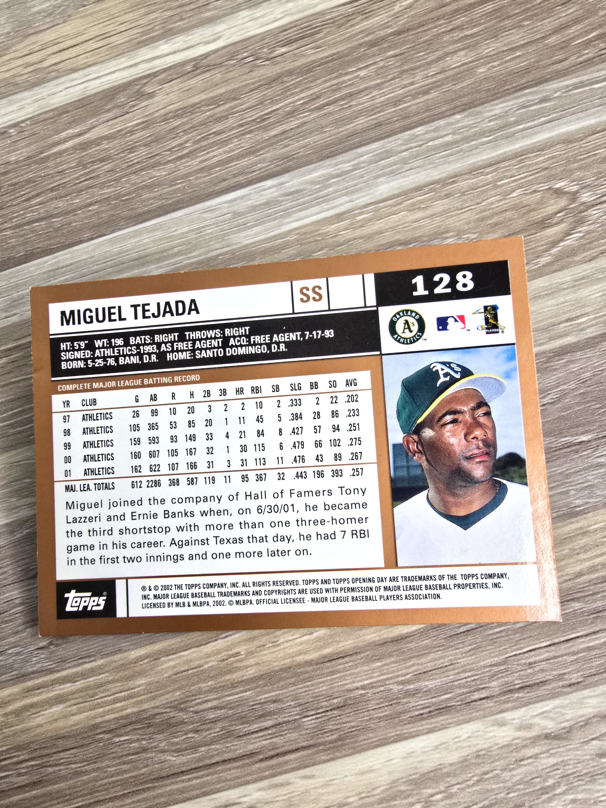 Topps Baseball Card Miguel Tejada 2002 Athletics No. 128