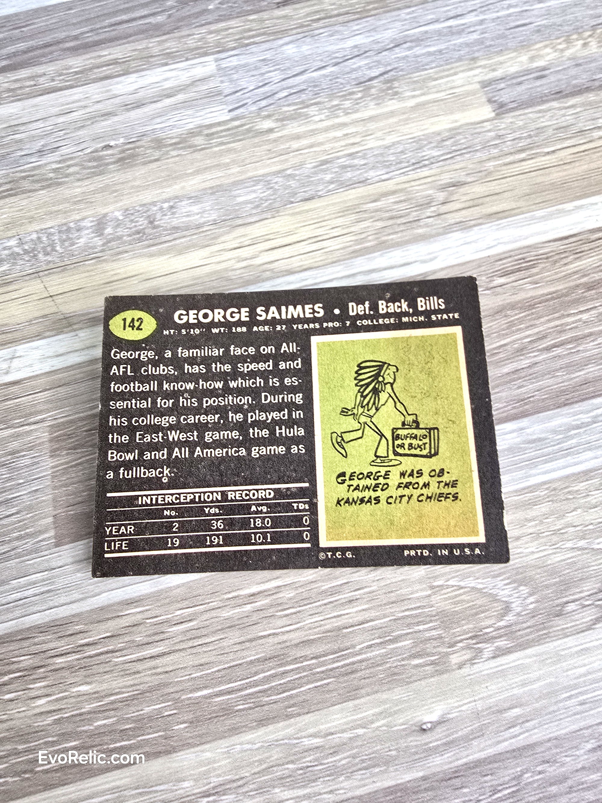 Topps 1969 Football Card George Saimes Bills No 142