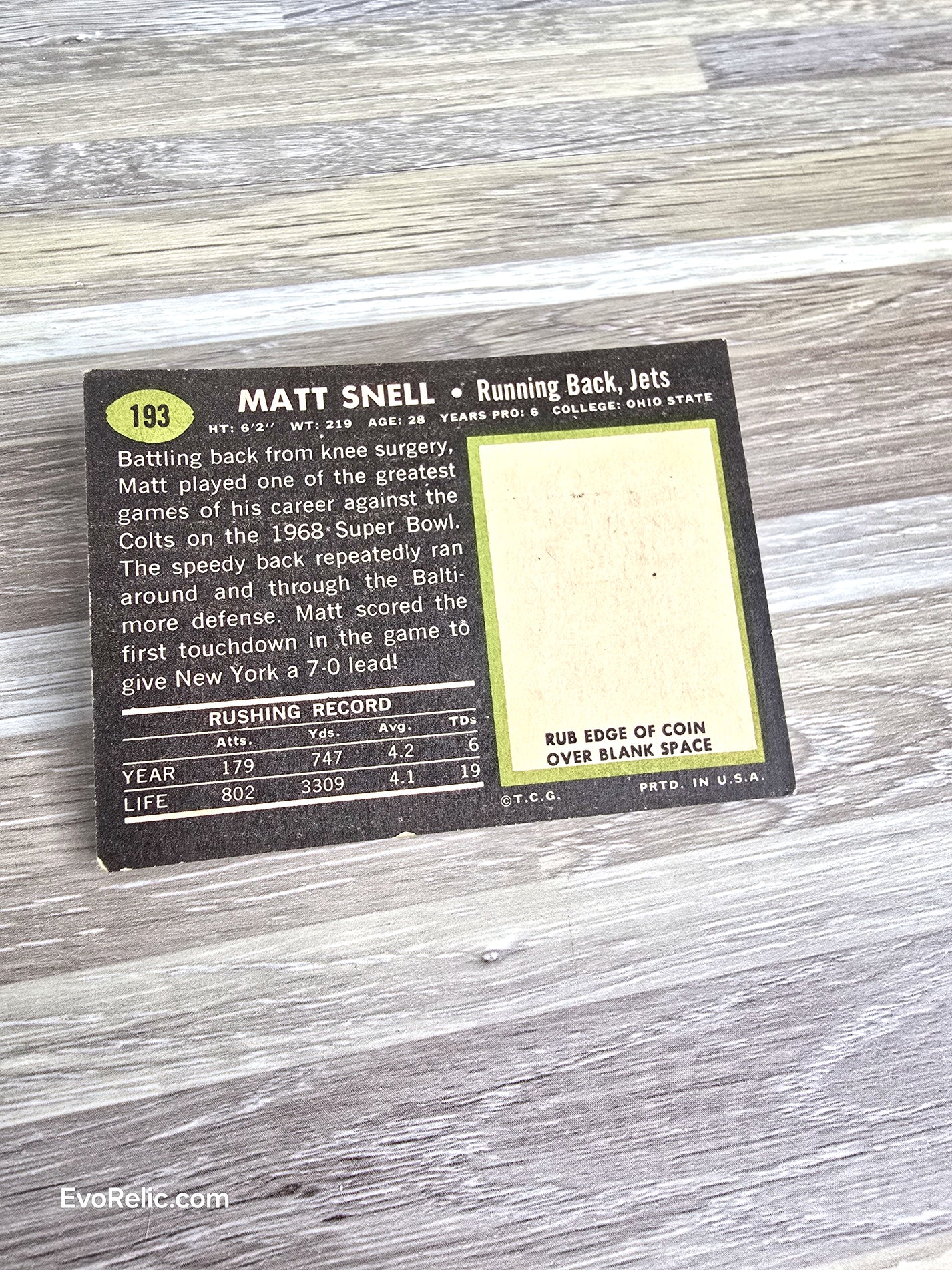 Topps Football Card 1969 Matt Snell Jets No 193