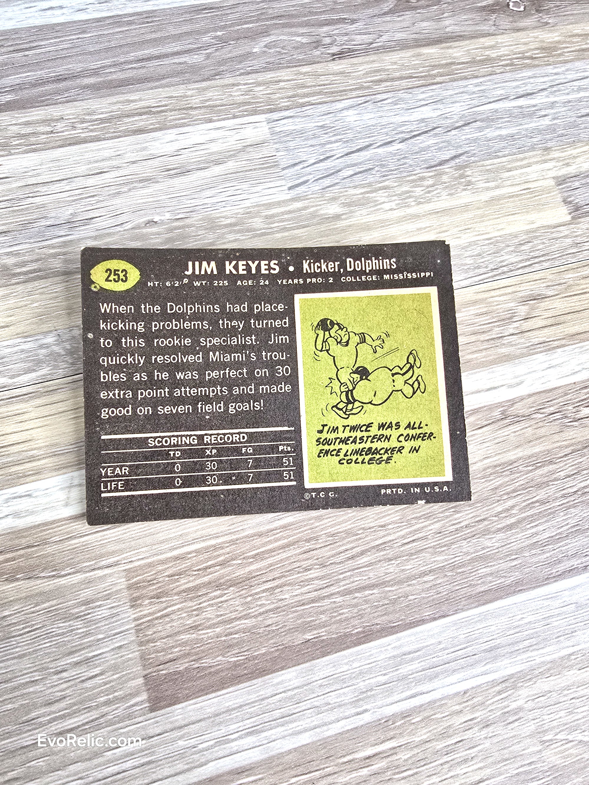 Dolphins Topps Football Card 1969 Jim Keyes No 253