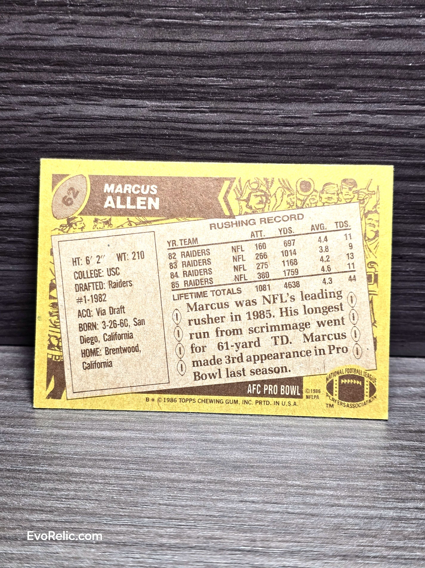 1986 Marcus Allen Football Card Topps No 62