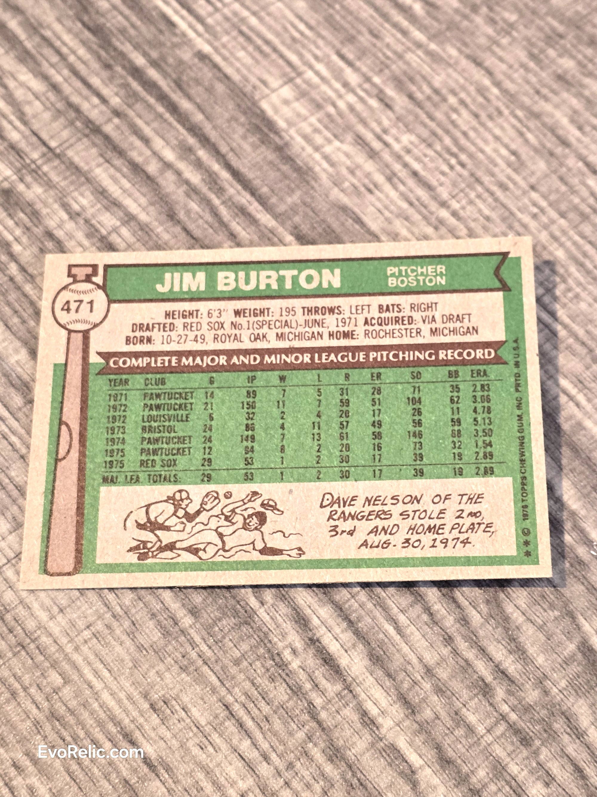 1976 Red Sox Baseball Card Jim Burton Topps No 471
