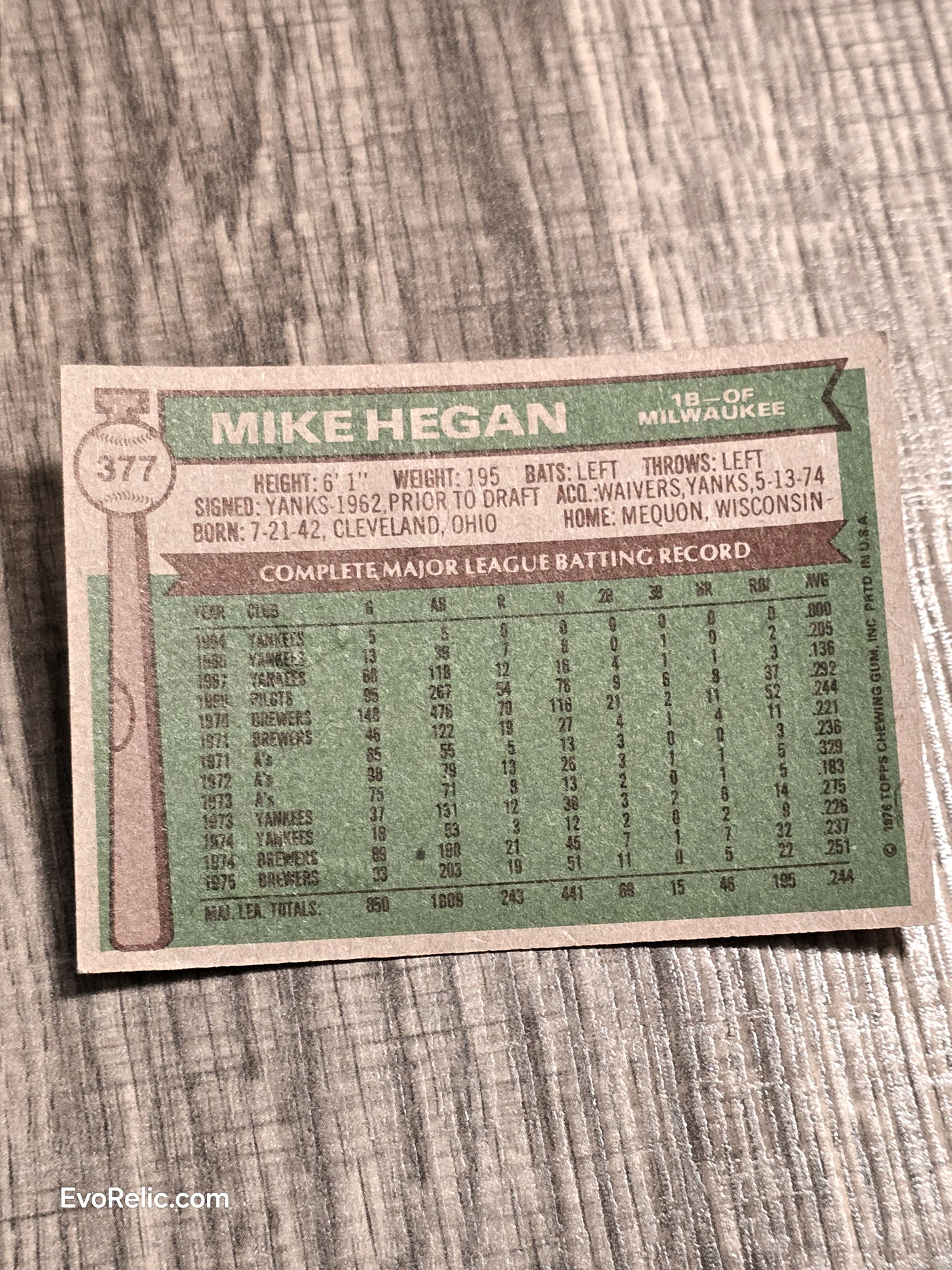 1976 Baseball Card Mike Hegan Topps No 377