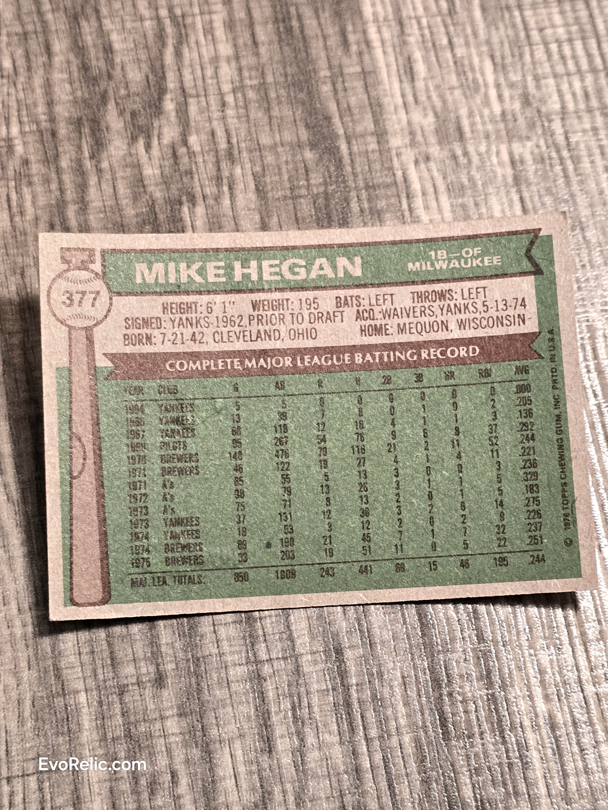 1976 Baseball Card Mike Hegan Topps No 377