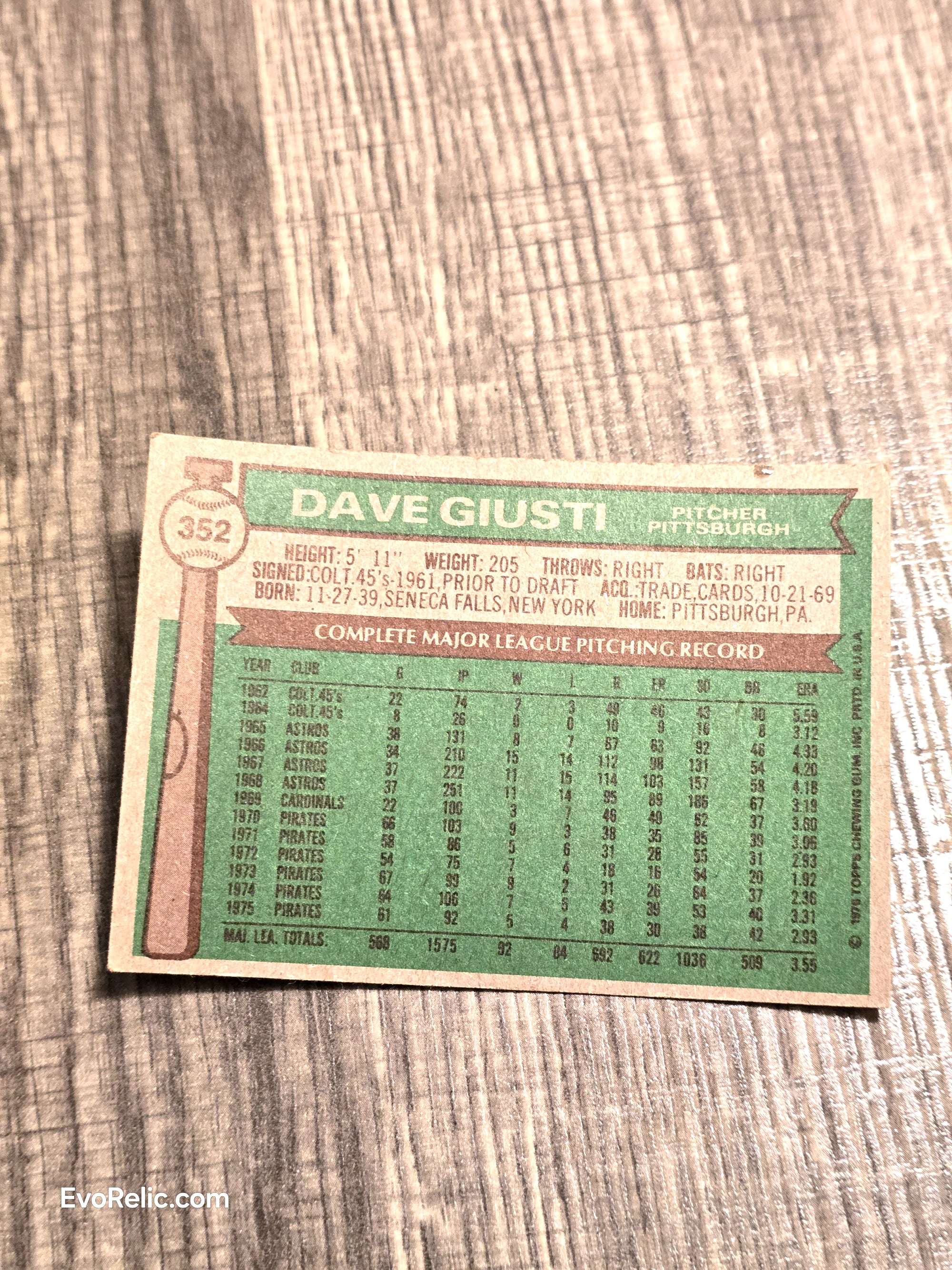 1976 Baseball Sports Card Dave Giusti Topps No 352