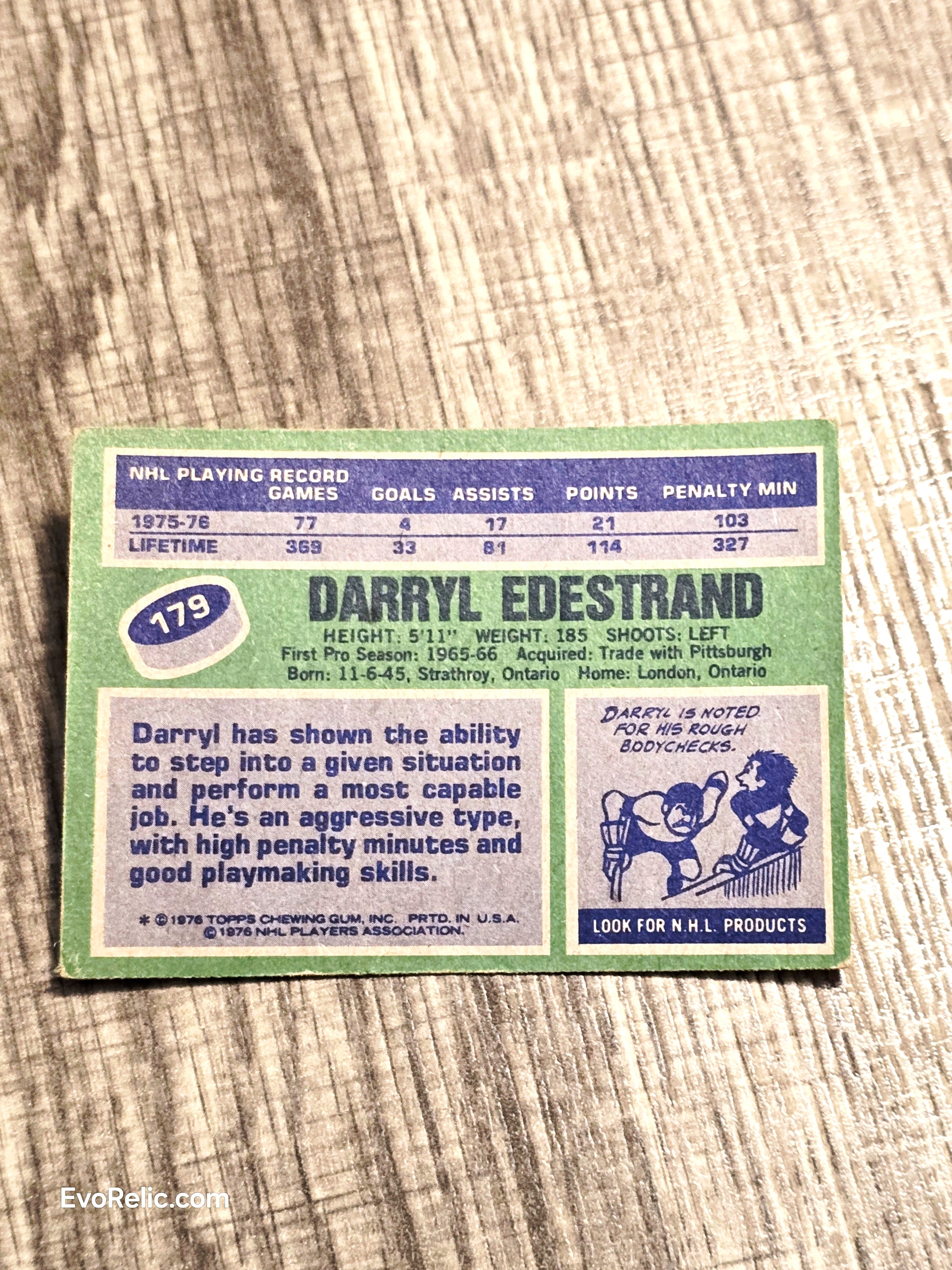 1976 Bruins NHL Hockey Card Darryl Edestrand Topps No 179