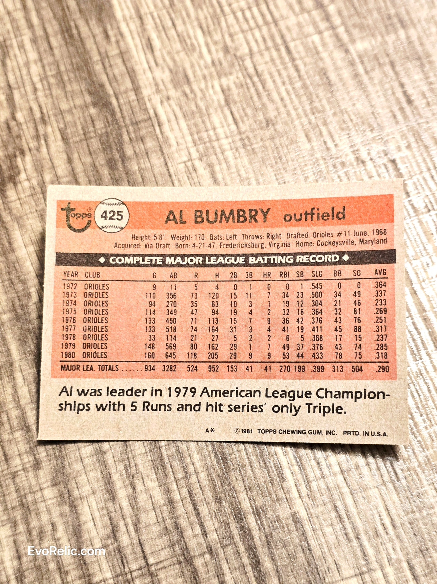 1981 Baseball Card Orioles Al Bumbry Topps No 425