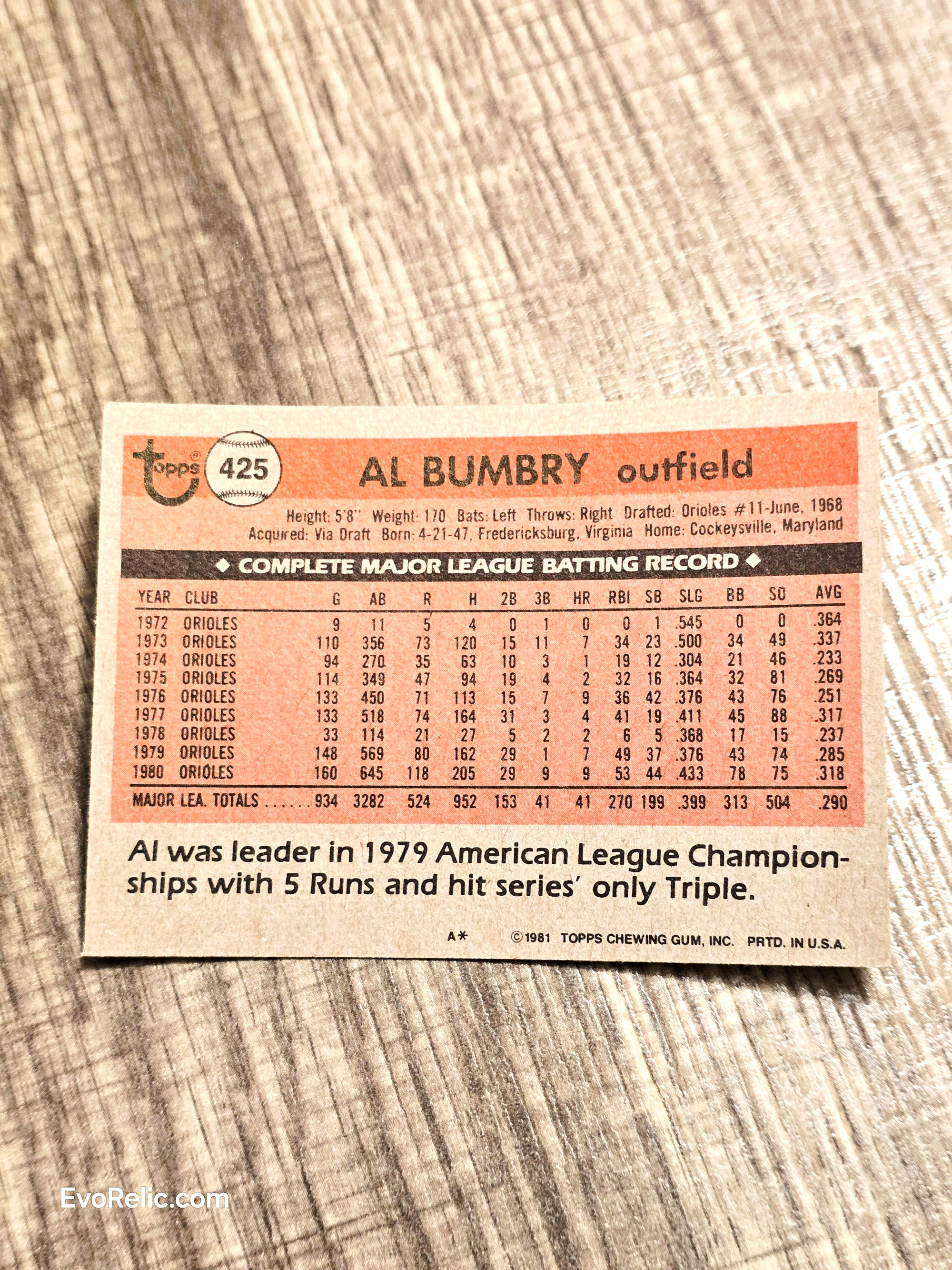 1981 Baseball Card Orioles Al Bumbry Topps No 425