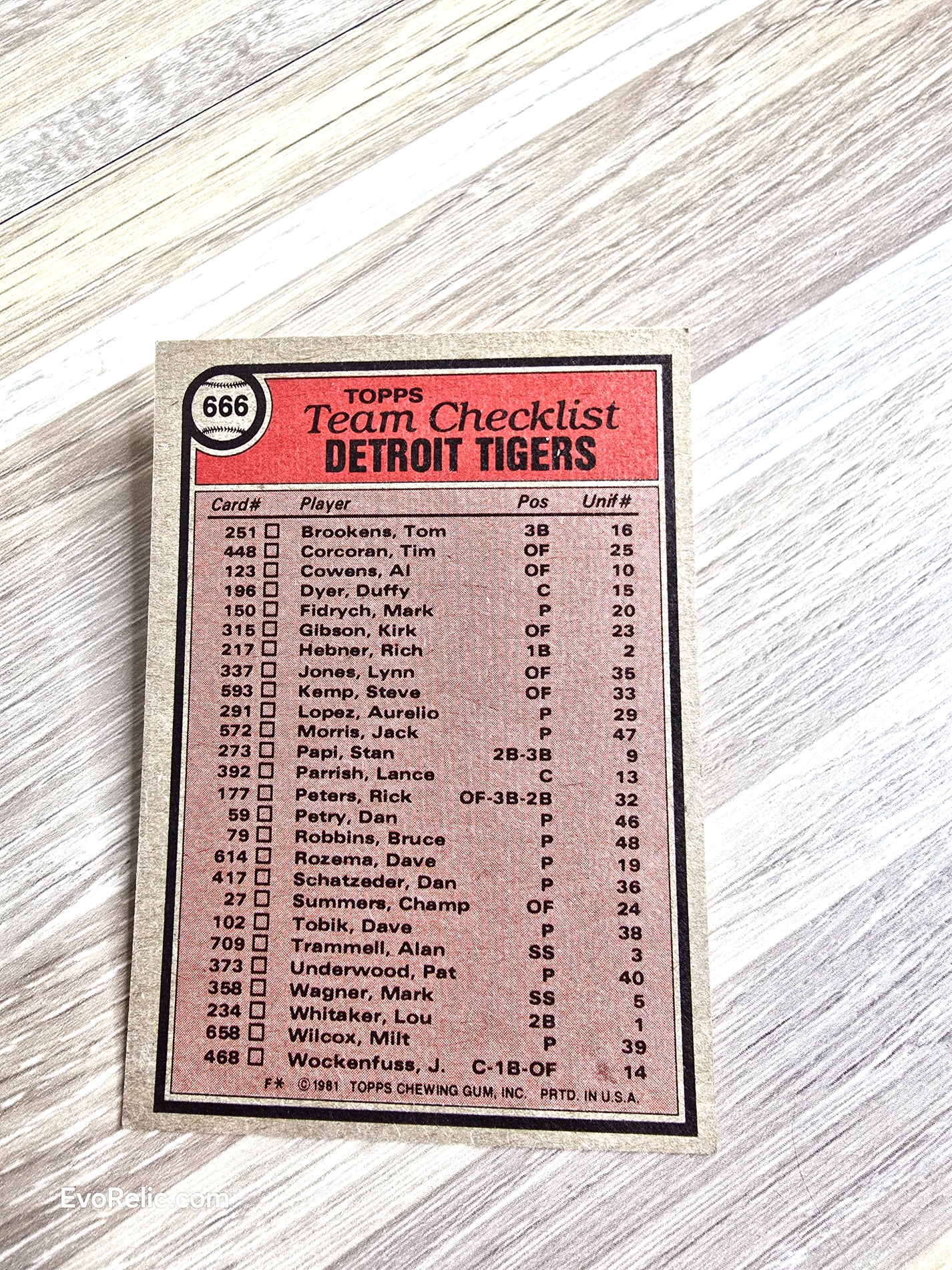 1981 Topps Baseball Card Detroit Tigers Team Checklist No 666