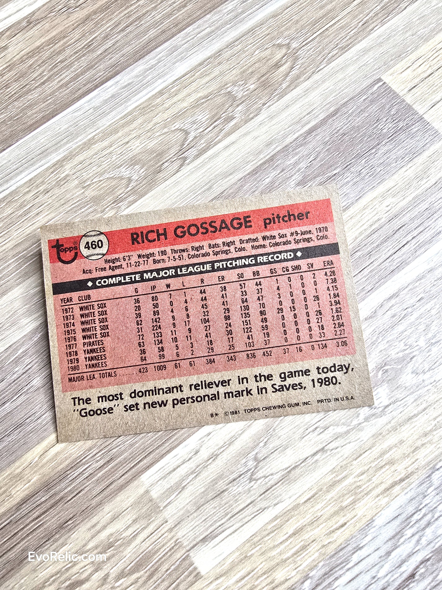 1981 Rich Gossage Baseball Card Topps No. 460